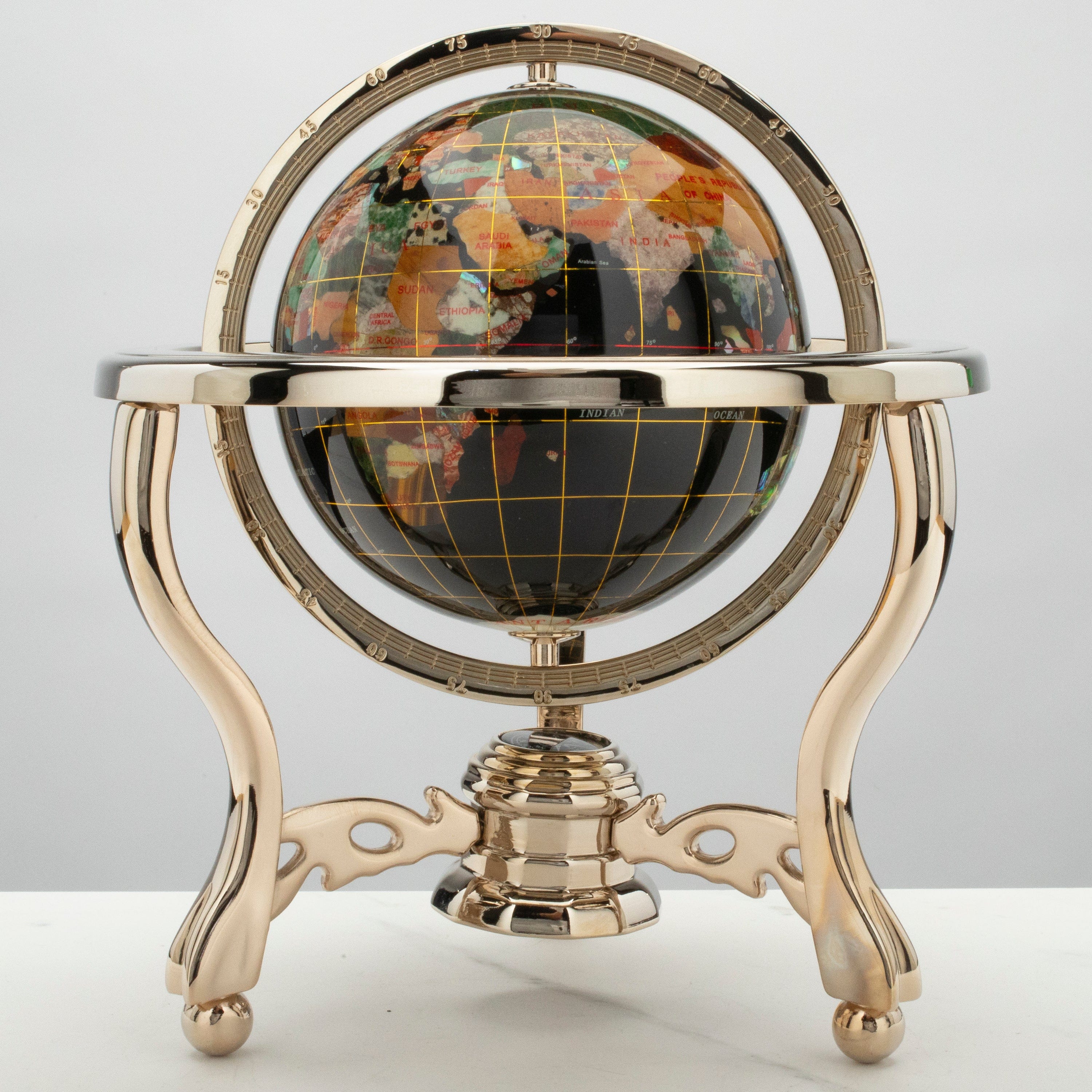 Kalifano Gemstone Globes 11" Tall Gemstone Globe with 6" Black Jasper Ocean on 24k Gold Plated Stand GT150G-BJ