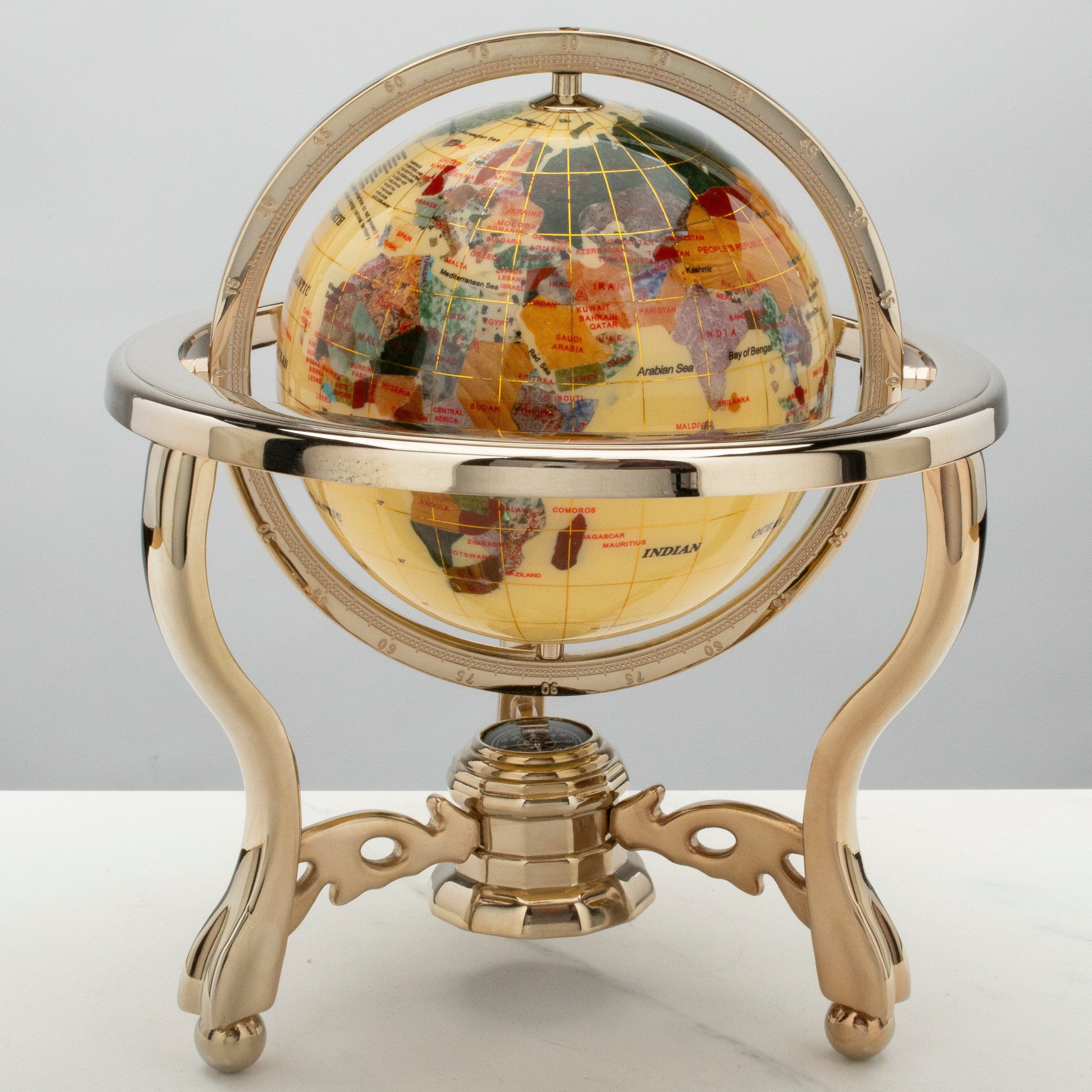 KALIFANO Gemstone Globes 11" Tall Gemstone Globe with 6" Ivory Ocean on 24k Gold Plated Stand GT150G-IV