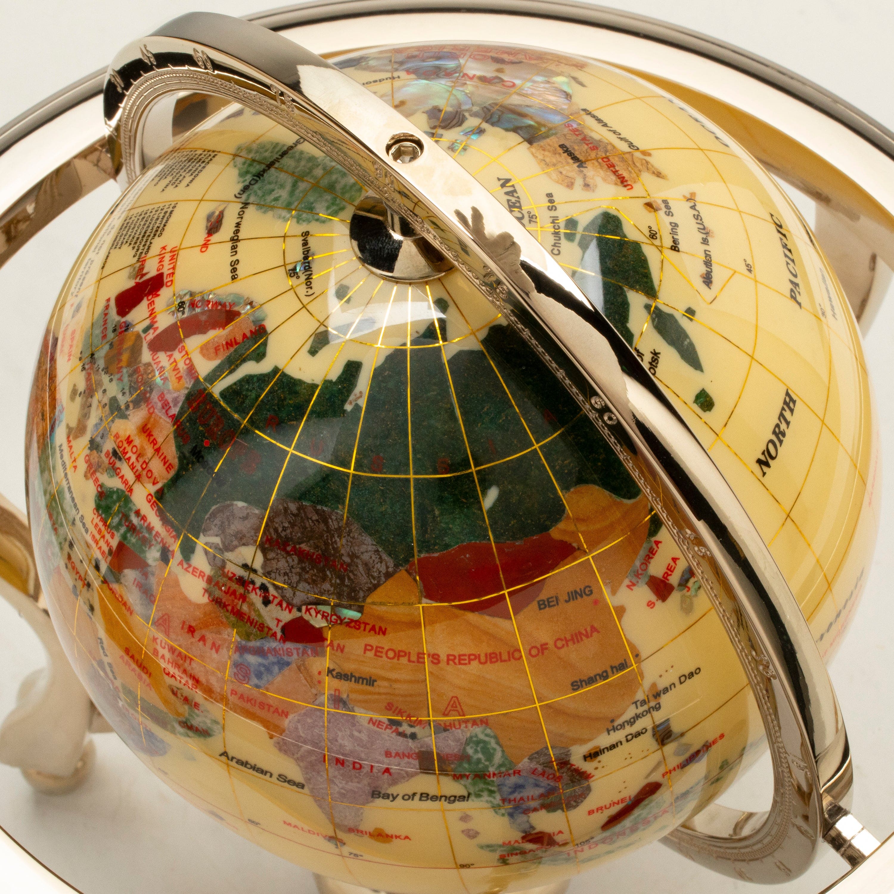 KALIFANO Gemstone Globes 11" Tall Gemstone Globe with 6" Ivory Ocean on 24k Gold Plated Stand GT150G-IV