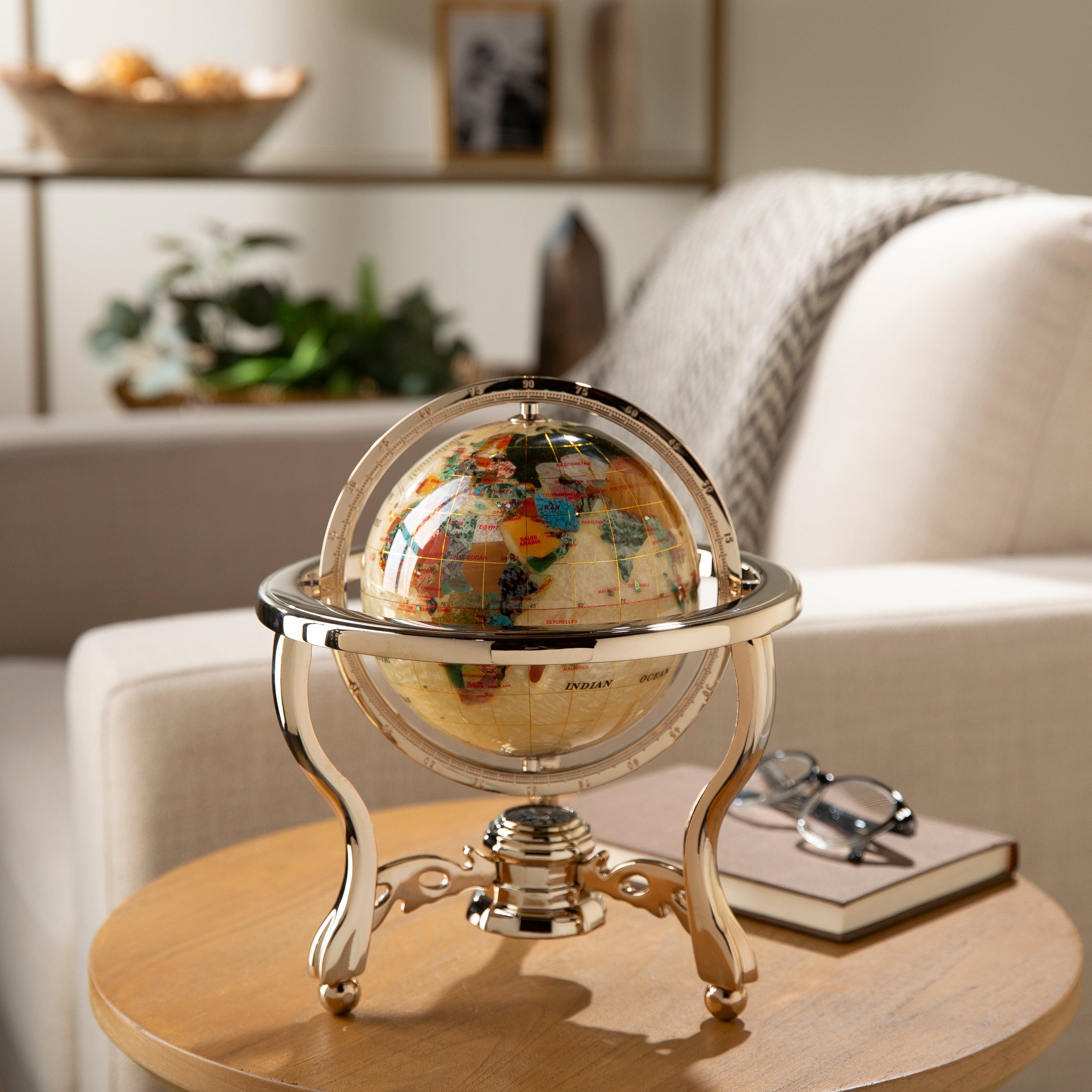 Kalifano Gemstone Globes 11" Tall Gemstone Globe with 6" Smooth Mother of Pearl Ocean on 24k Gold Plated Stand GT150G-SMOP