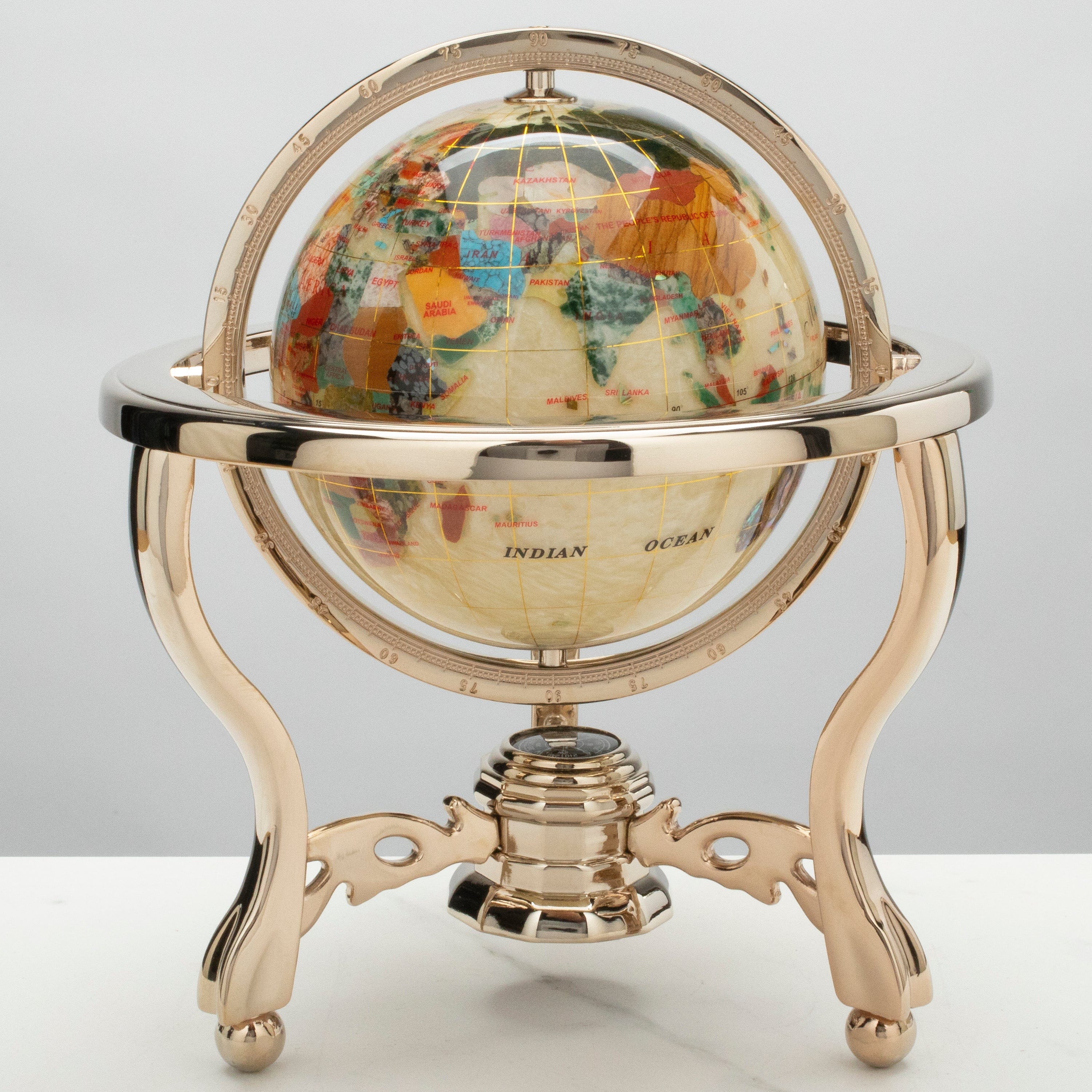 Kalifano Gemstone Globes 11" Tall Gemstone Globe with 6" Smooth Mother of Pearl Ocean on 24k Gold Plated Stand GT150G-SMOP