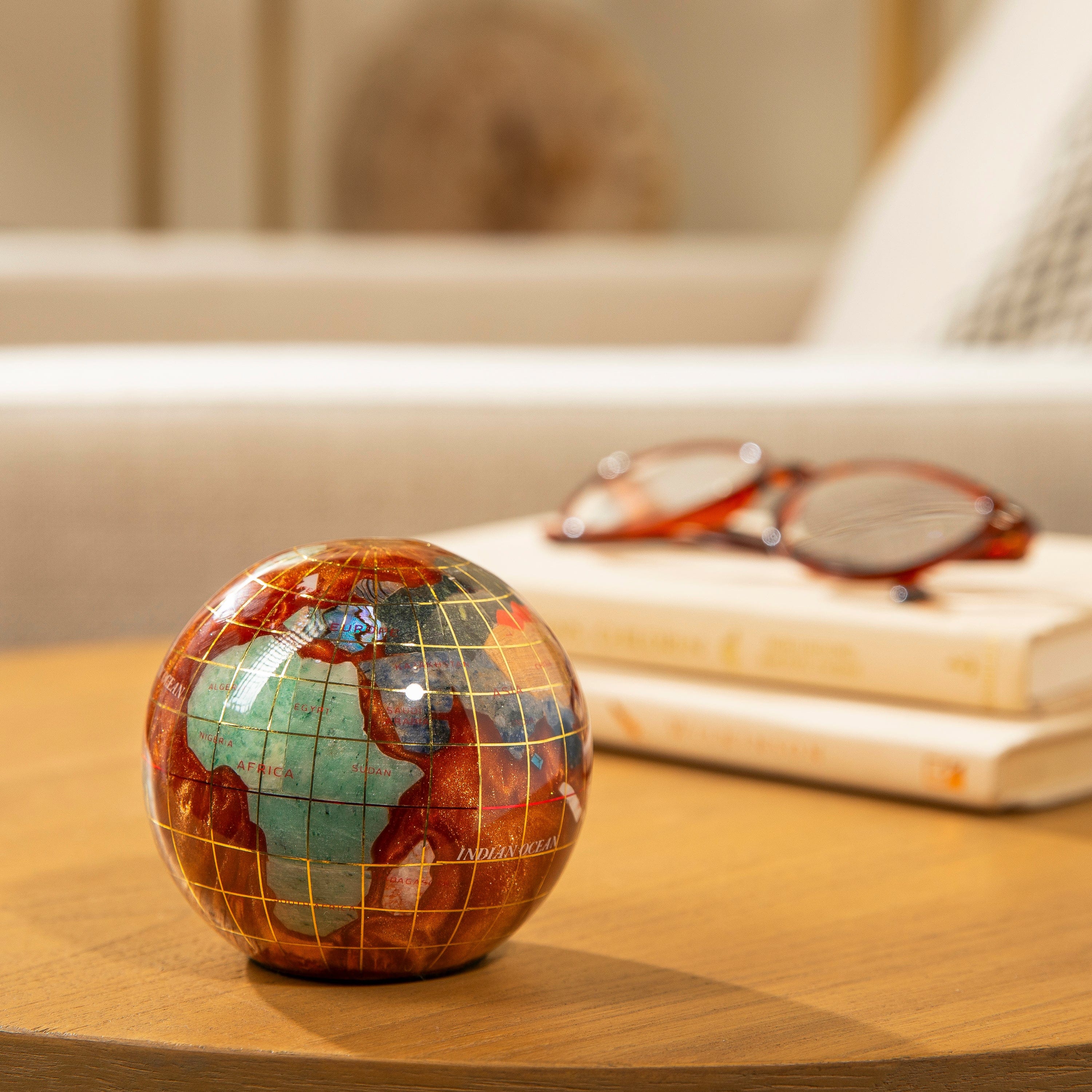 Kalifano Gemstone Globes 3" Gemstone Globe Paperweight with Copper Amber Opalite Ocean GPW80G-CPR