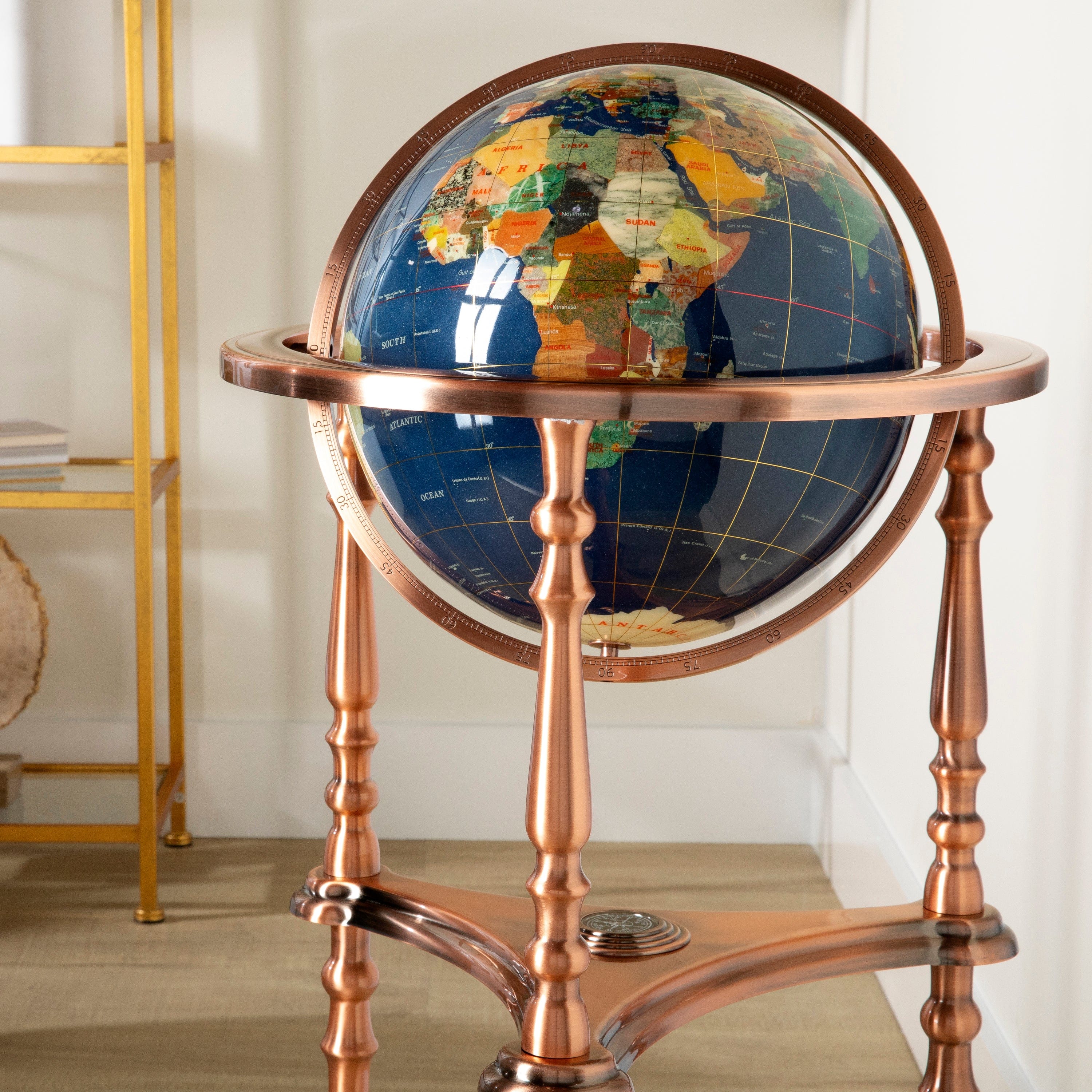 Kalifano Gemstone Globes 37" Tall Gemstone Globe with Lapis Ocean on Ambassador Antique Copper 3-Leg High Stand GTH330AC-LP