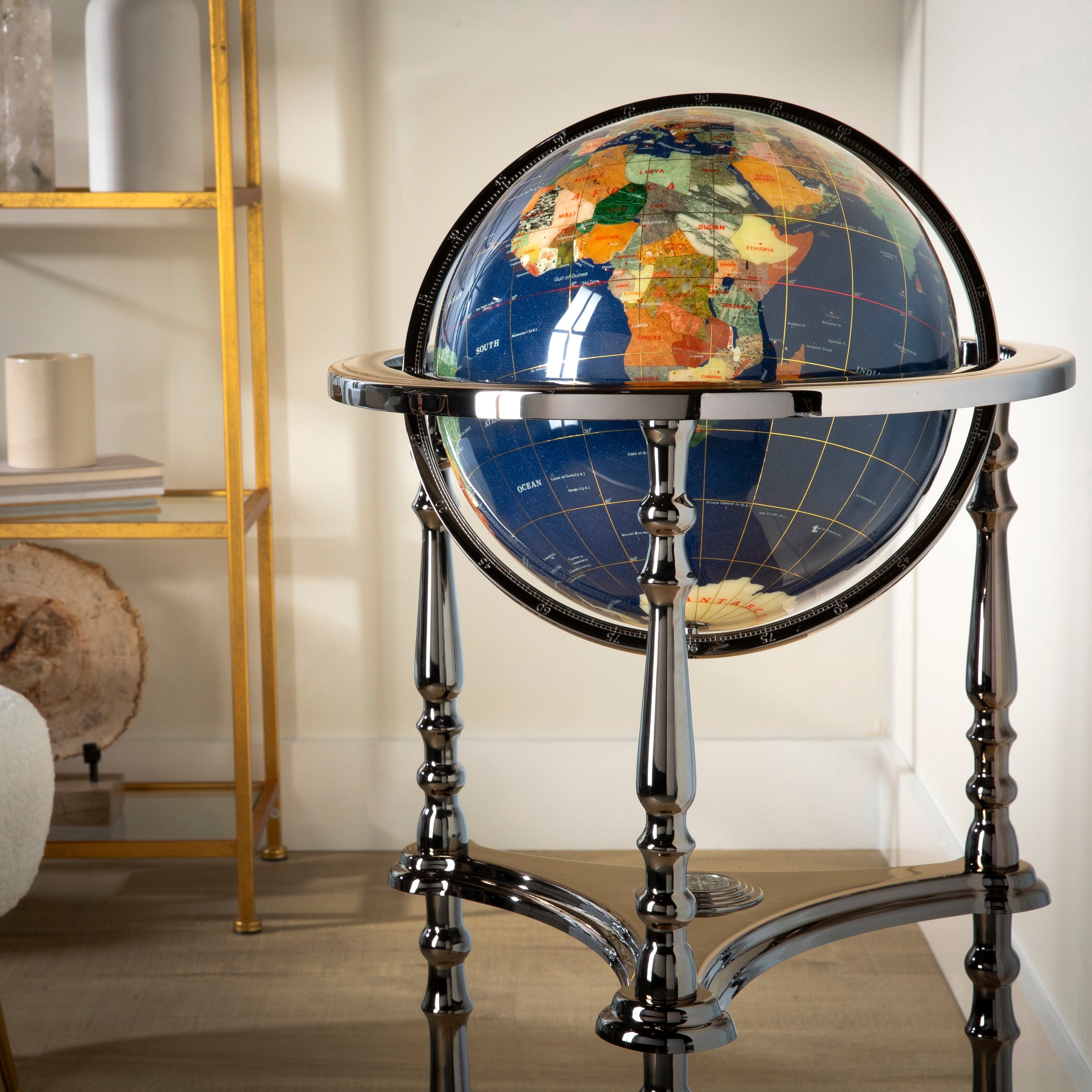 Kalifano Gemstone Globes 37" Tall Gemstone Globe with Lapis Ocean on Ambassador Gun Metal 3-Leg High Stand GTH330GM-LP