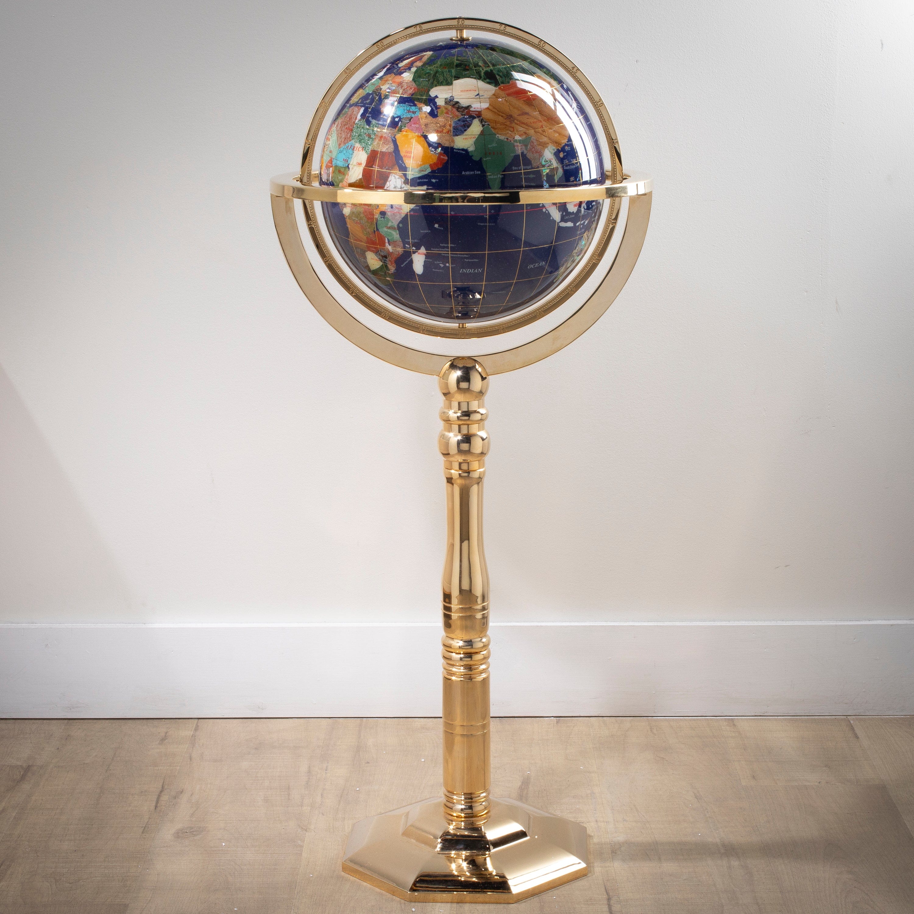 Kalifano Gemstone Globes 39" Tall Gemstone Globe with 13" Lapis Ocean on 24k Gold Plated Octagon Stand GOH330G-LP