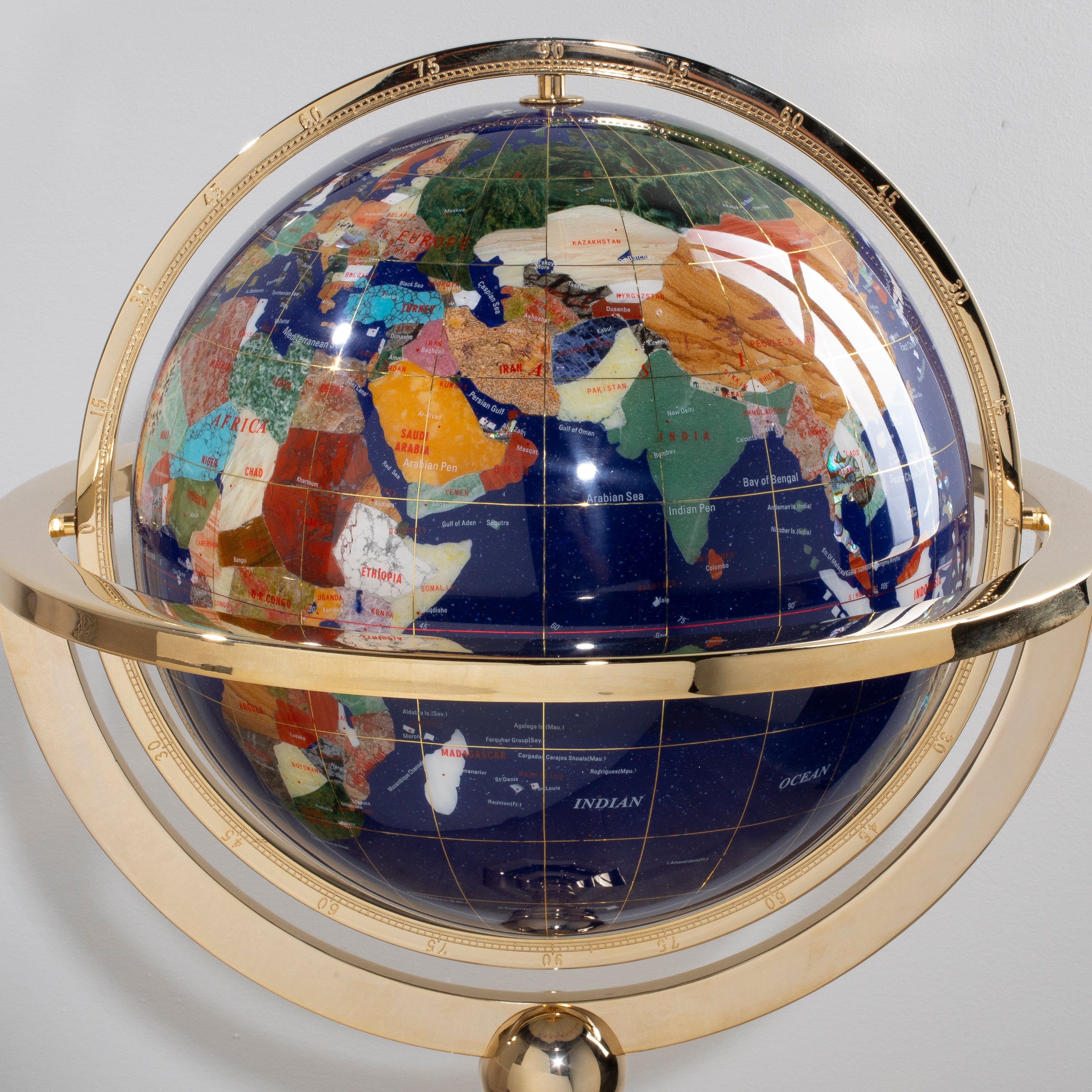 Kalifano Gemstone Globes 39" Tall Gemstone Globe with 13" Lapis Ocean on 24k Gold Plated Octagon Stand GOH330G-LP