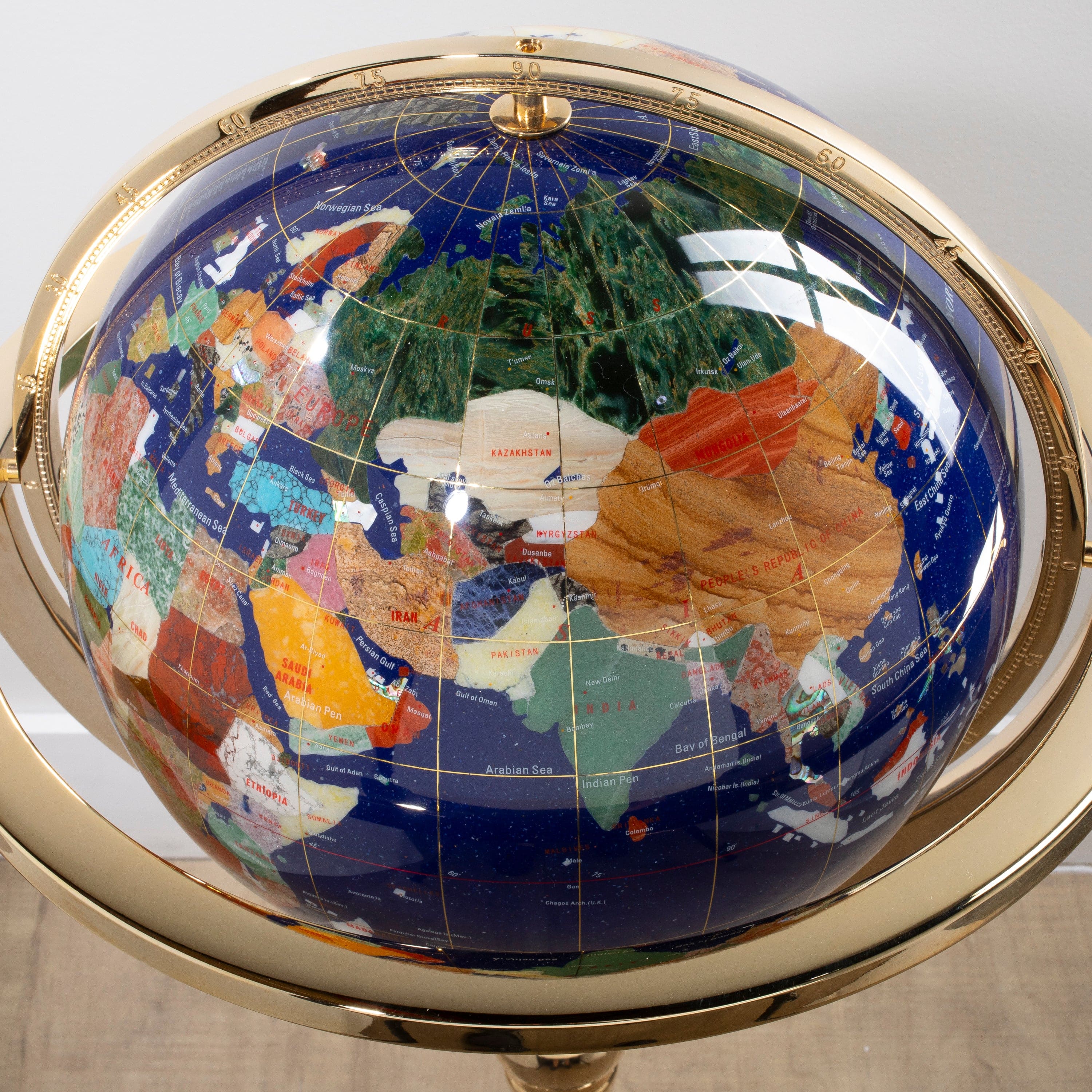 Kalifano Gemstone Globes 39" Tall Gemstone Globe with 13" Lapis Ocean on 24k Gold Plated Octagon Stand GOH330G-LP