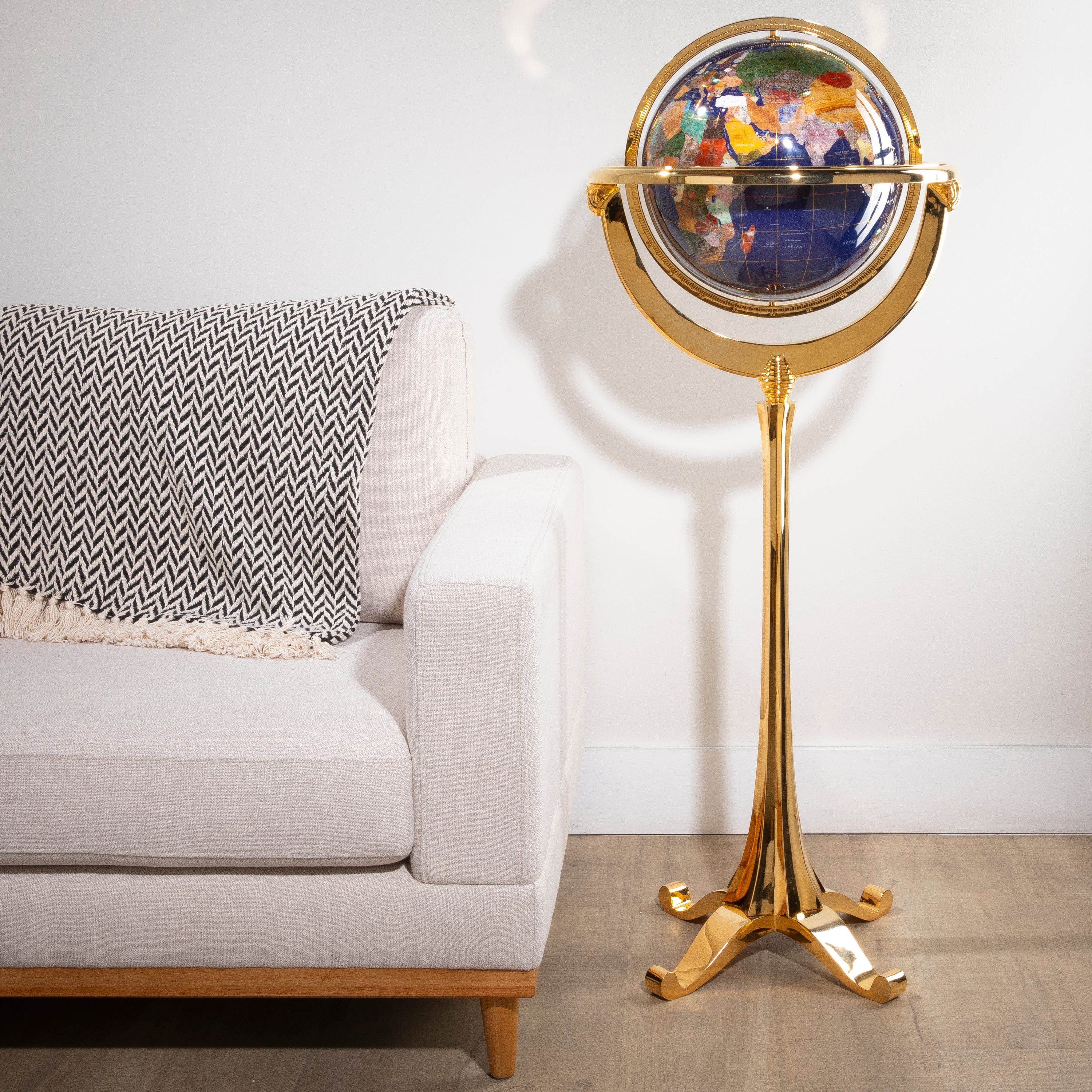 Kalifano Gemstone Globes 49" Tall Gemstone Globe with 13" Lapis Ocean on 24k Gold Plated Navigator 4-Leg Stand GTM330G-LP