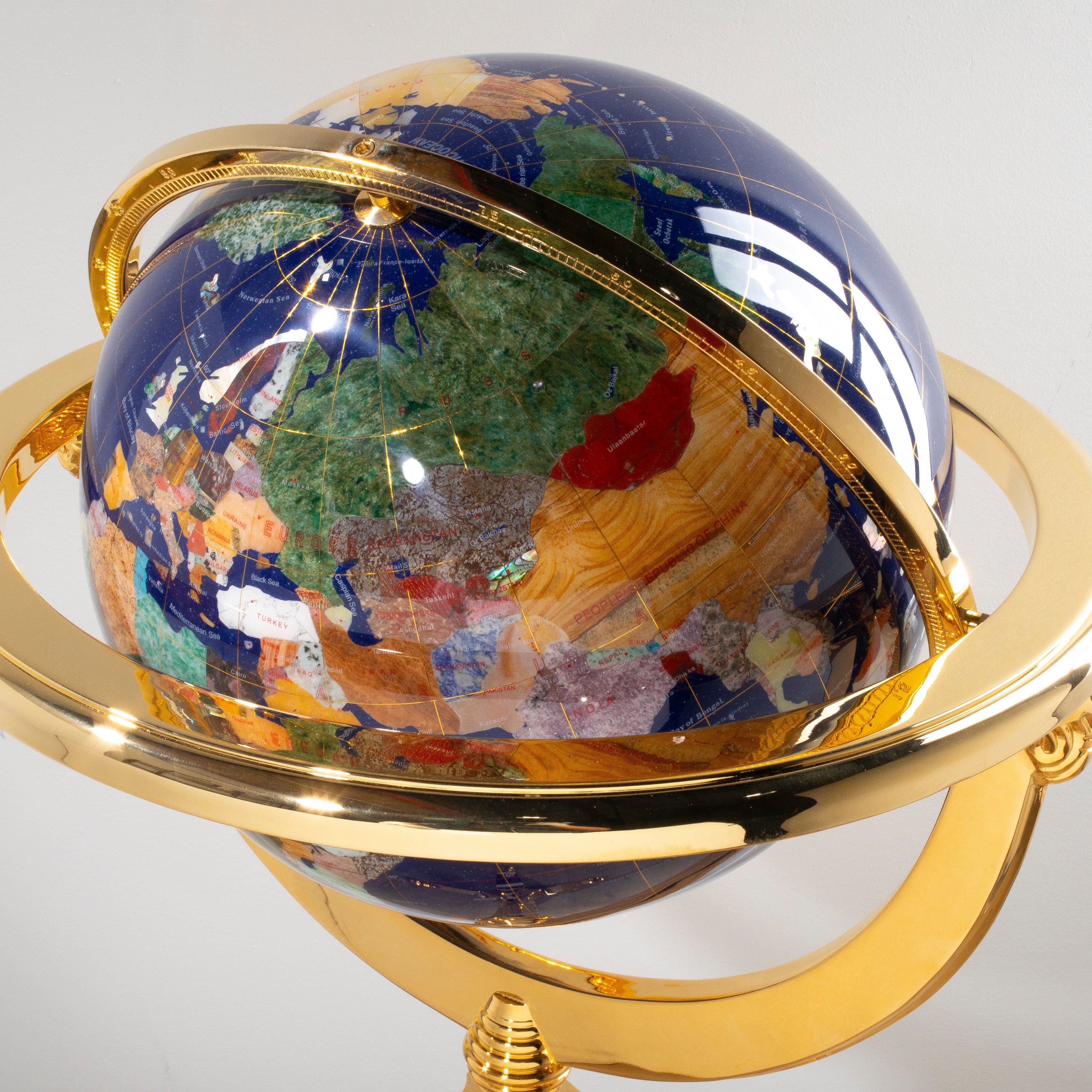 Kalifano Gemstone Globes 49" Tall Gemstone Globe with 13" Lapis Ocean on 24k Gold Plated Navigator 4-Leg Stand GTM330G-LP