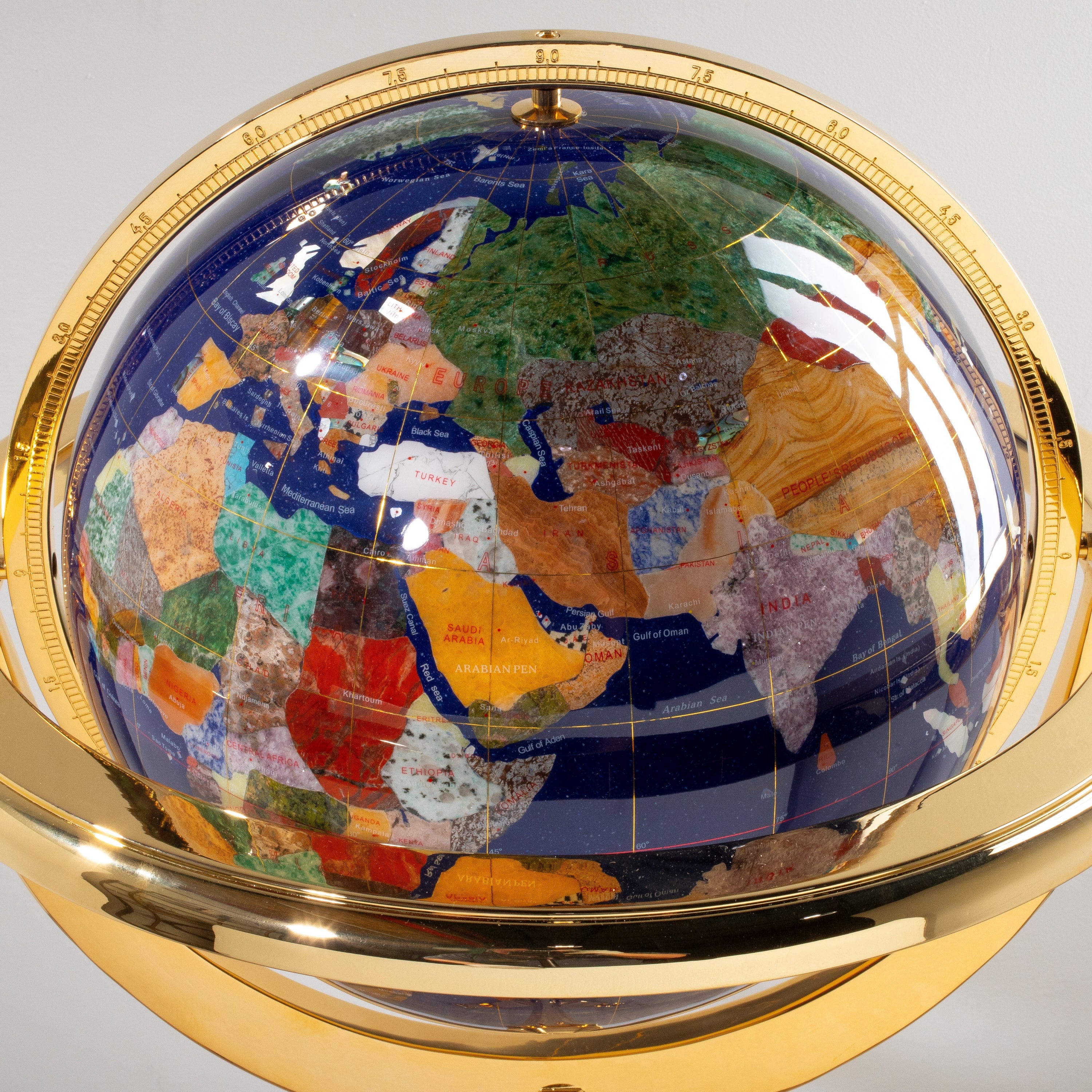 Kalifano Gemstone Globes 49" Tall Gemstone Globe with 13" Lapis Ocean on 24k Gold Plated Navigator 4-Leg Stand GTM330G-LP