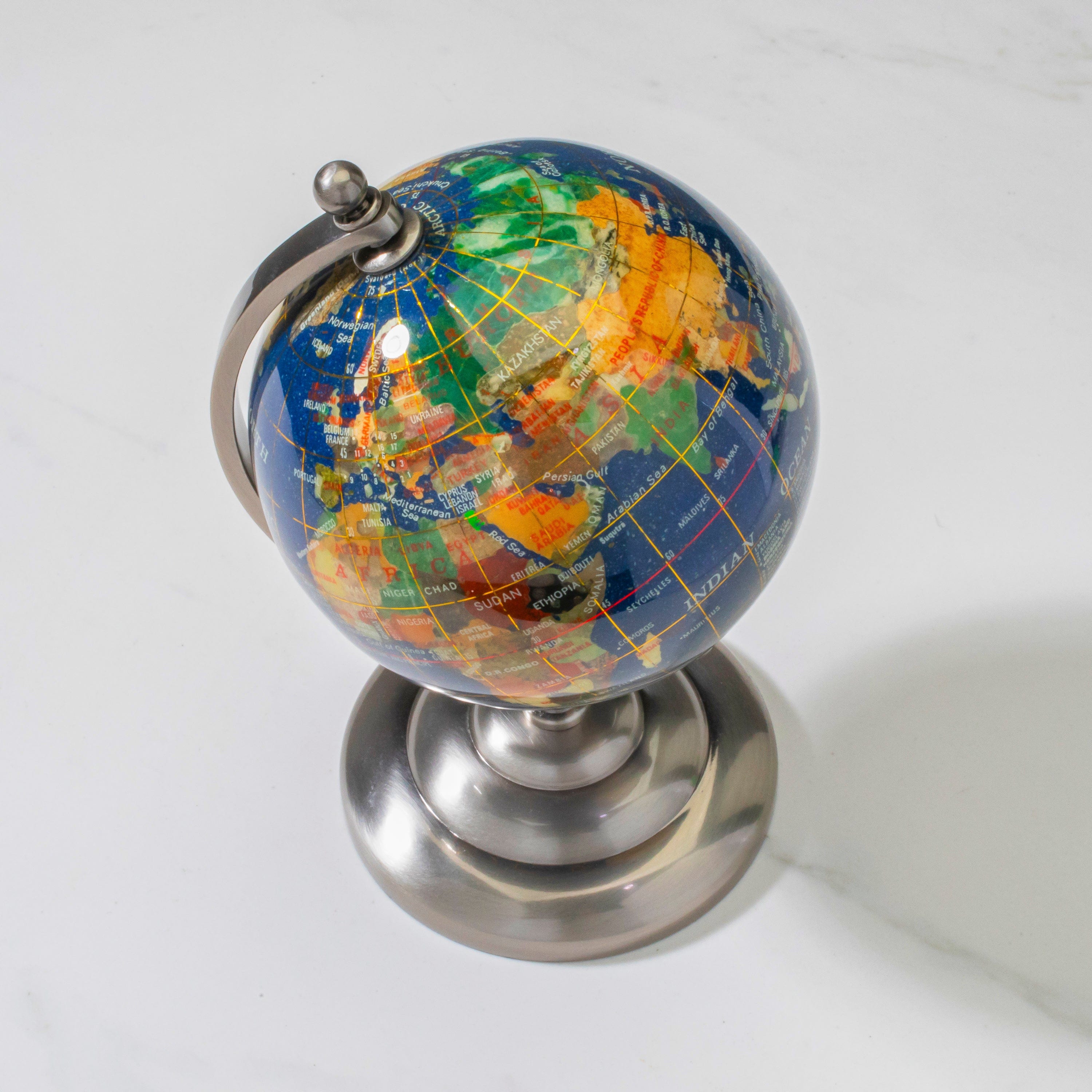 Kalifano Gemstone Globes Gemstone Globe with Lapis Ocean on Antique Silver Stand - 7.25" GL110-AS