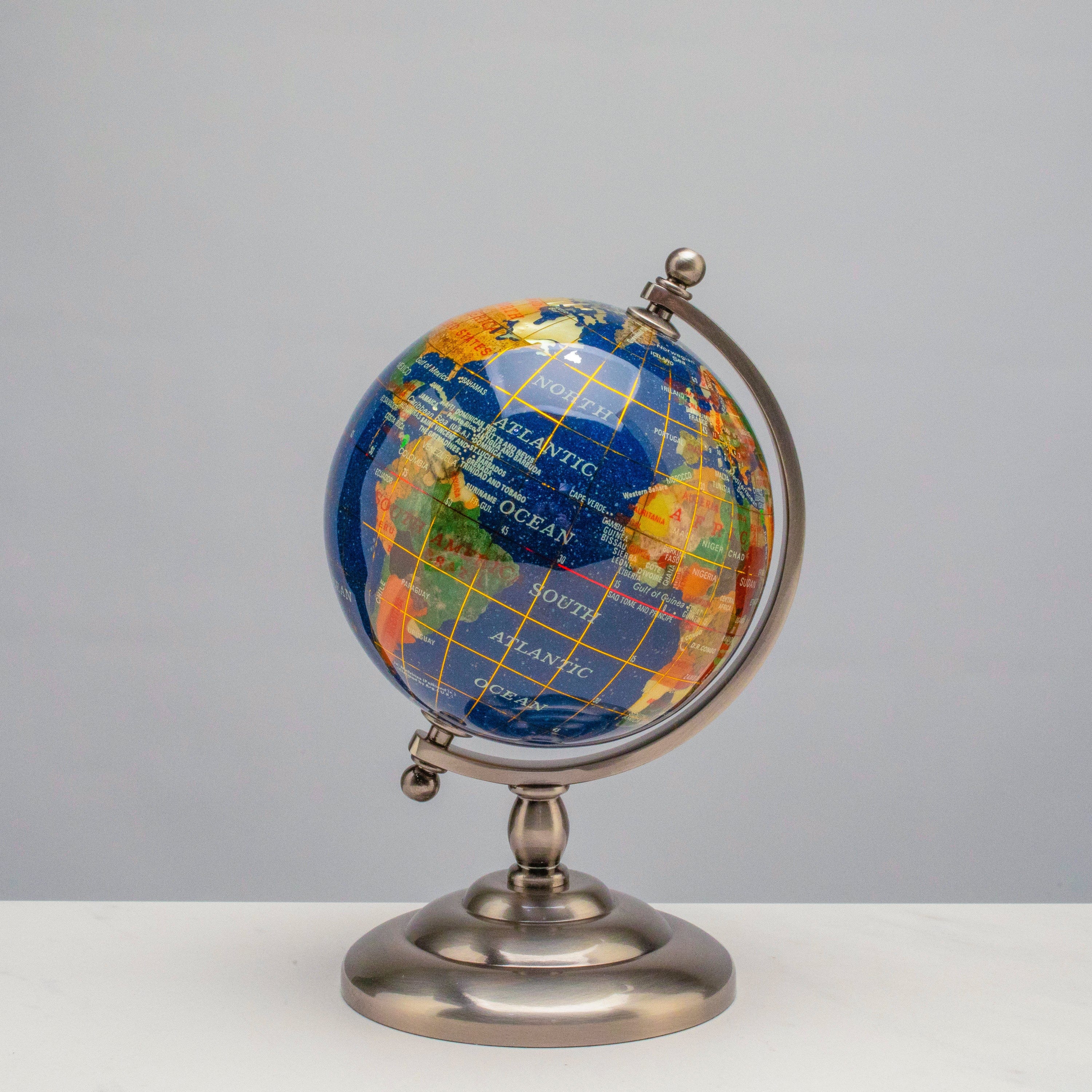 Kalifano Gemstone Globes Gemstone Globe with Lapis Ocean on Antique Silver Stand - 7.25" GL110-AS