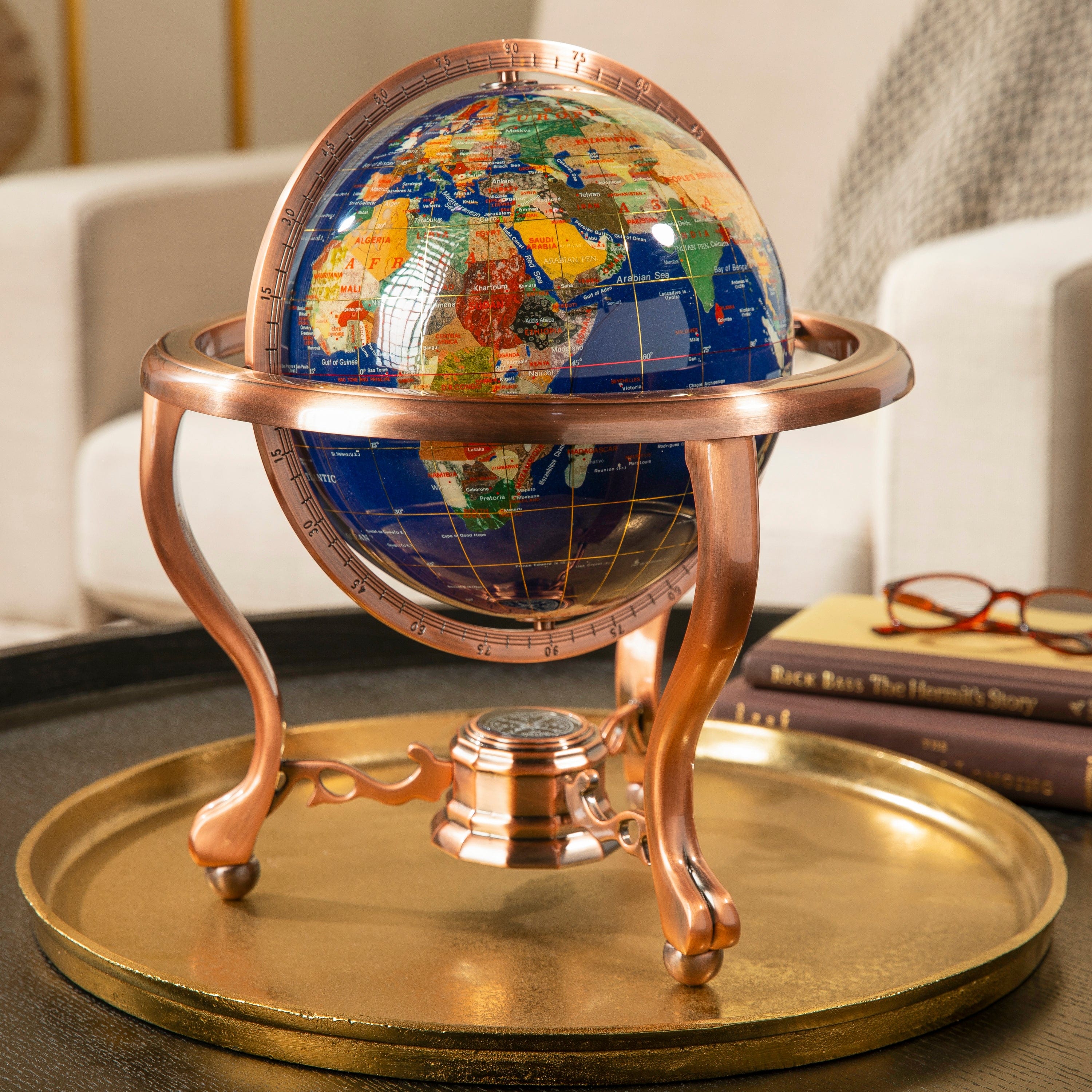 Kalifano Gemstone Globes Gemstone Globe with Lapis Ocean on Copper Stand - 14" GT220-AC