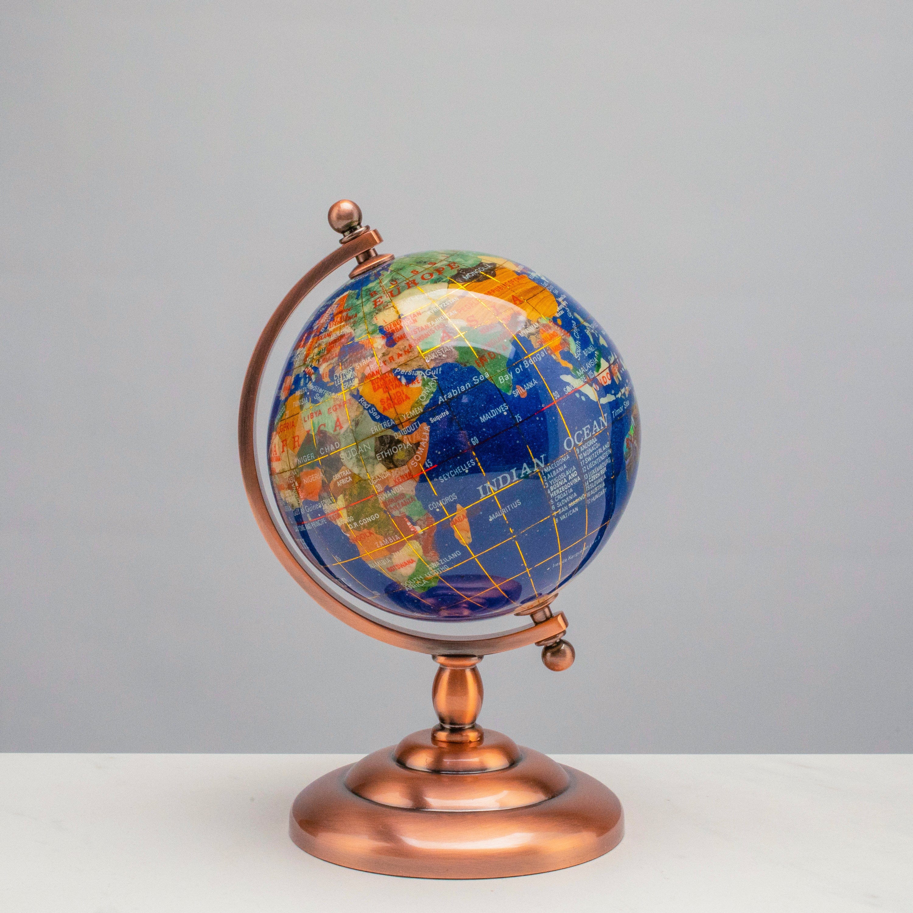 Kalifano Gemstone Globes Gemstone Globe with Lapis Ocean on Copper Stand - 7.25" GL110-AC