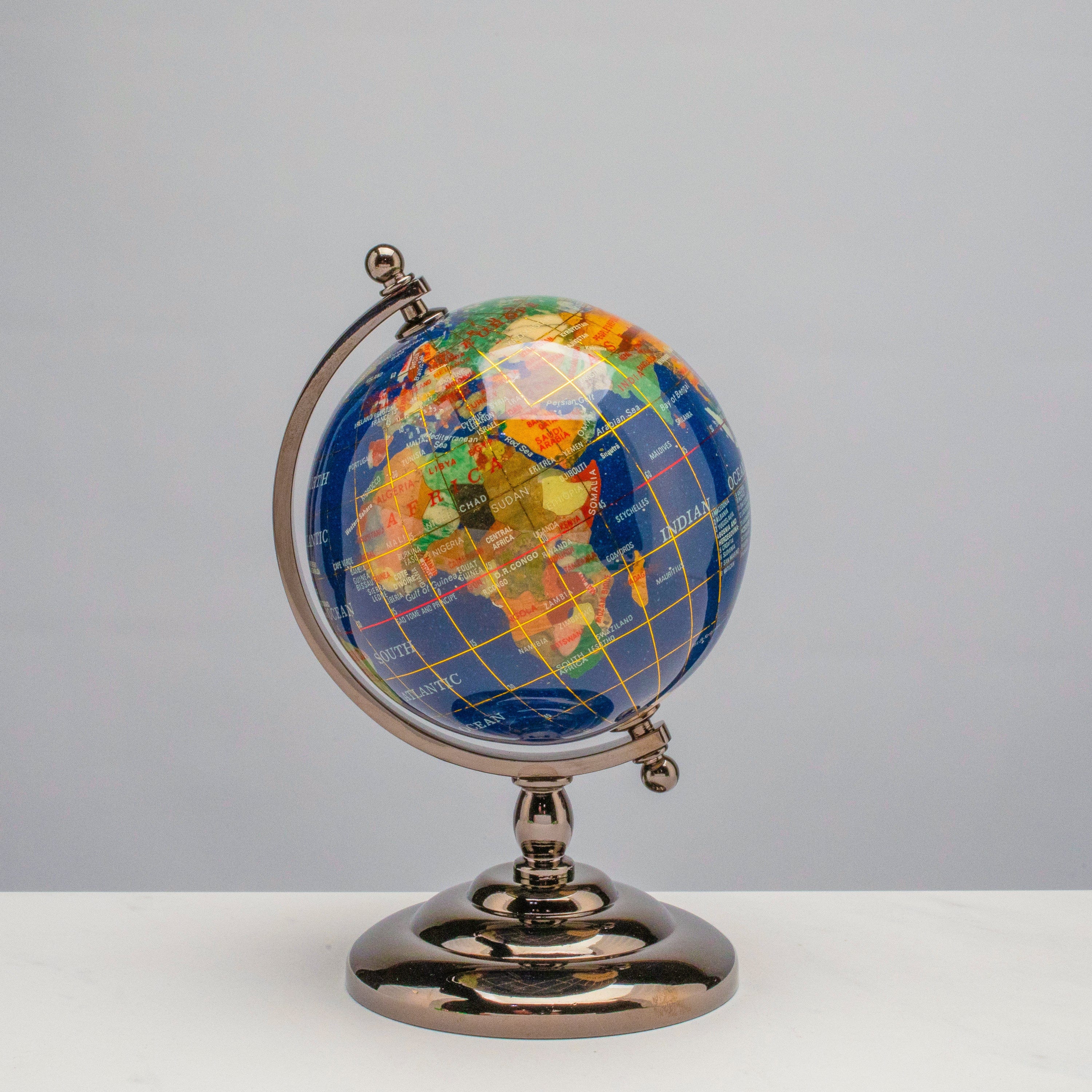 Kalifano Gemstone Globes Gemstone Globe with Lapis Ocean on Gun Metal Stand - 7.25" GL110-GM