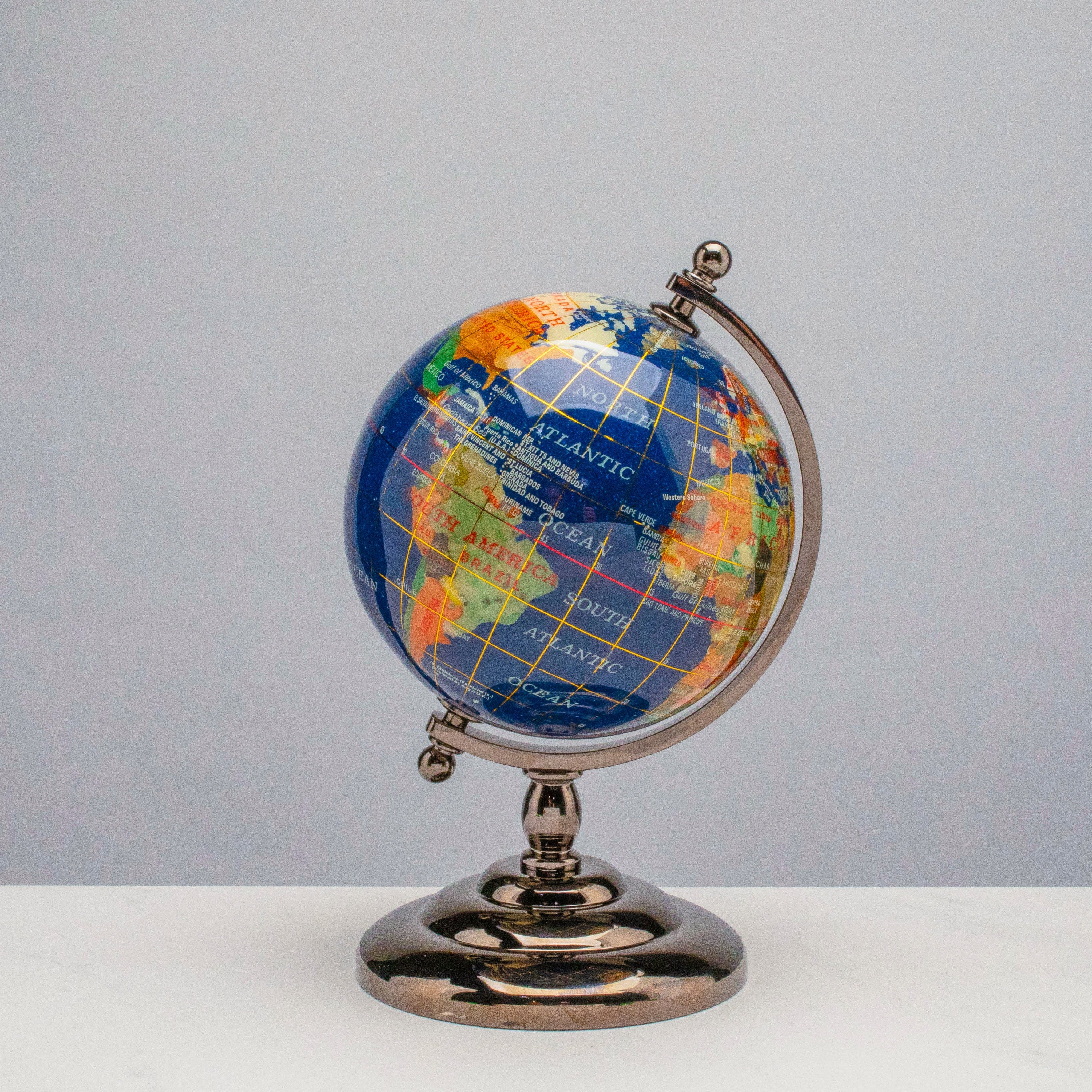 Kalifano Gemstone Globes Gemstone Globe with Lapis Ocean on Gun Metal Stand - 7.25" GL110-GM