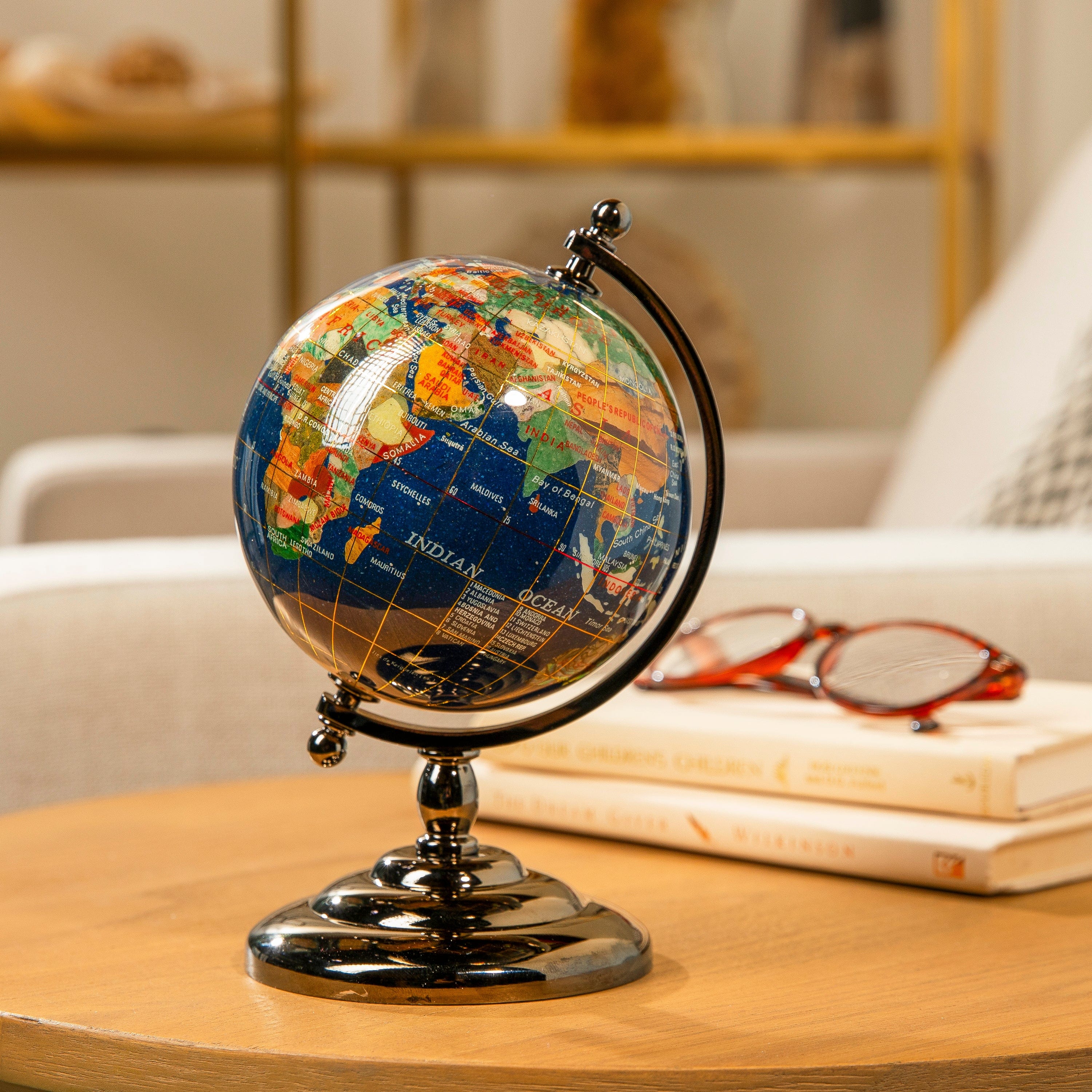 Kalifano Gemstone Globes Gemstone Globe with Lapis Ocean on Gun Metal Stand - 7.25" GL110-GM