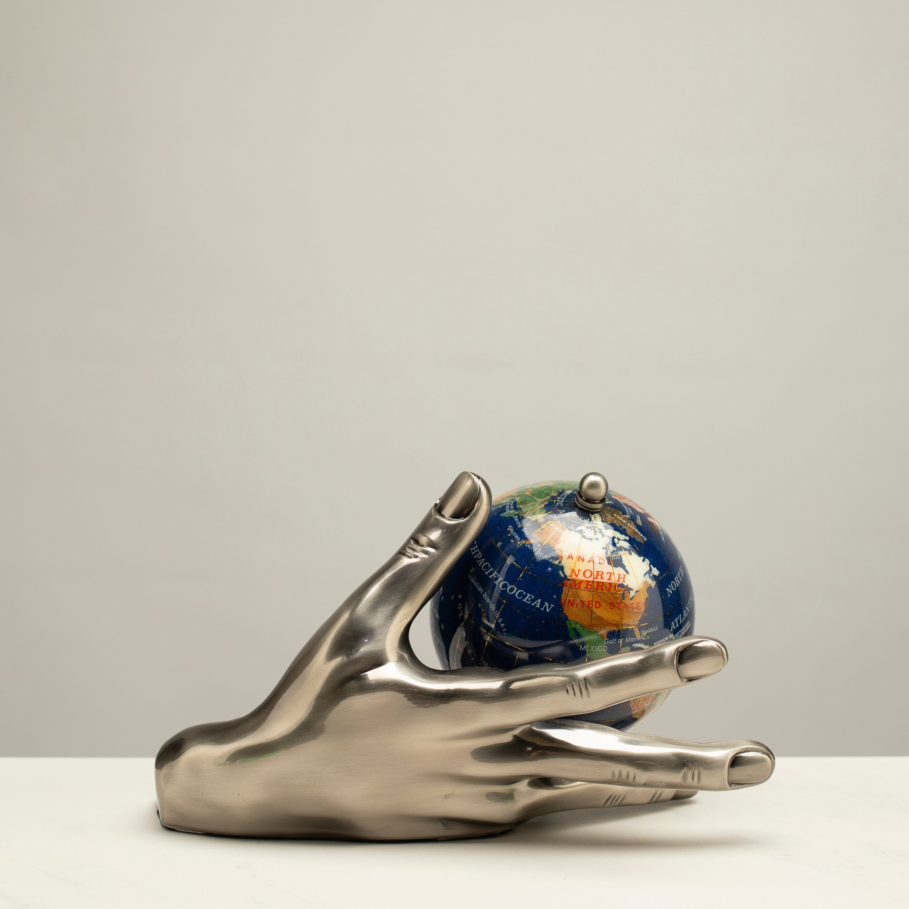 Kalifano Gemstone Globes World In Your Hand - Gemstone Globe with Lapis Ocean Embraced with Antique Silver Base HAND-AS