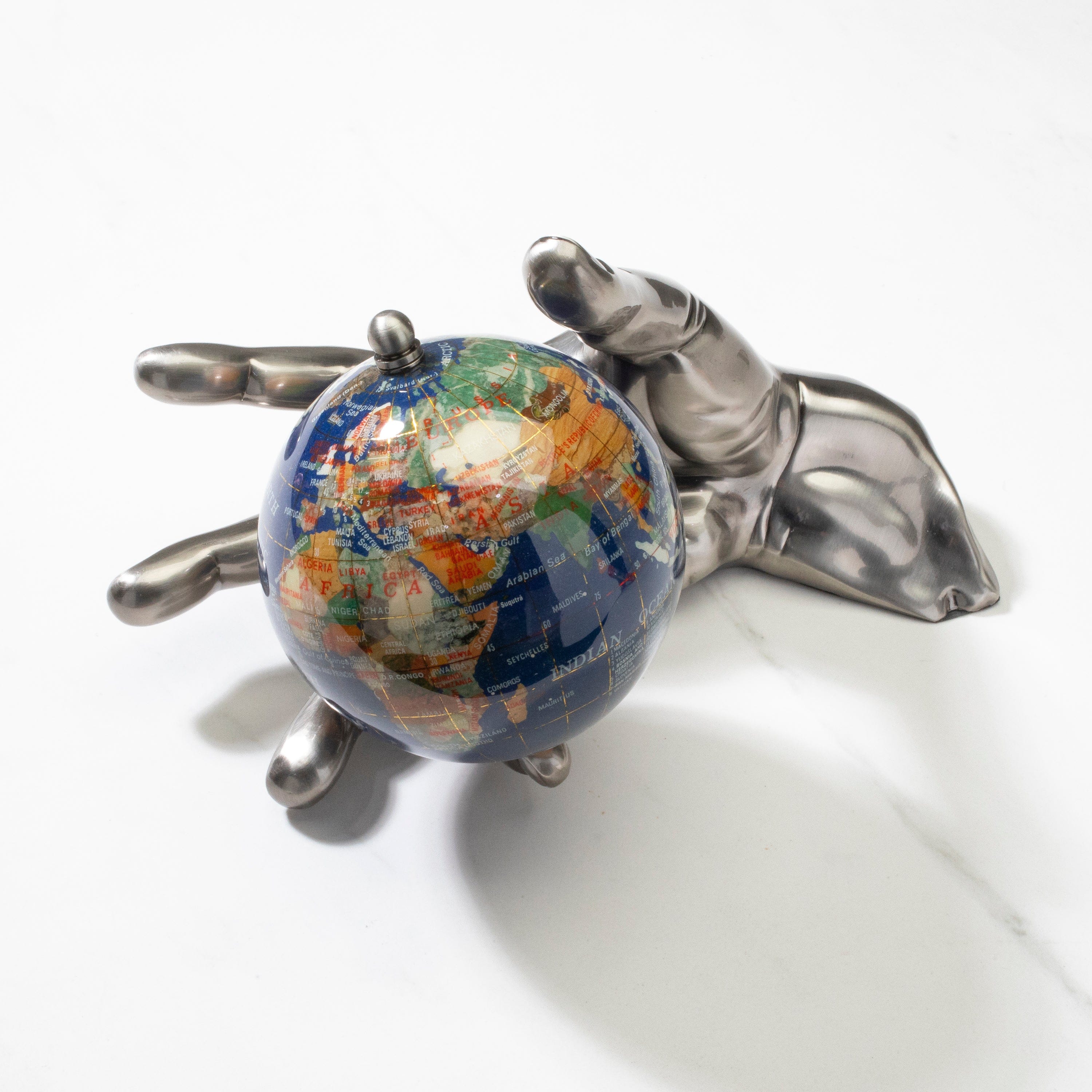 Kalifano Gemstone Globes World In Your Hand - Gemstone Globe with Lapis Ocean Embraced with Antique Silver Base HAND-AS