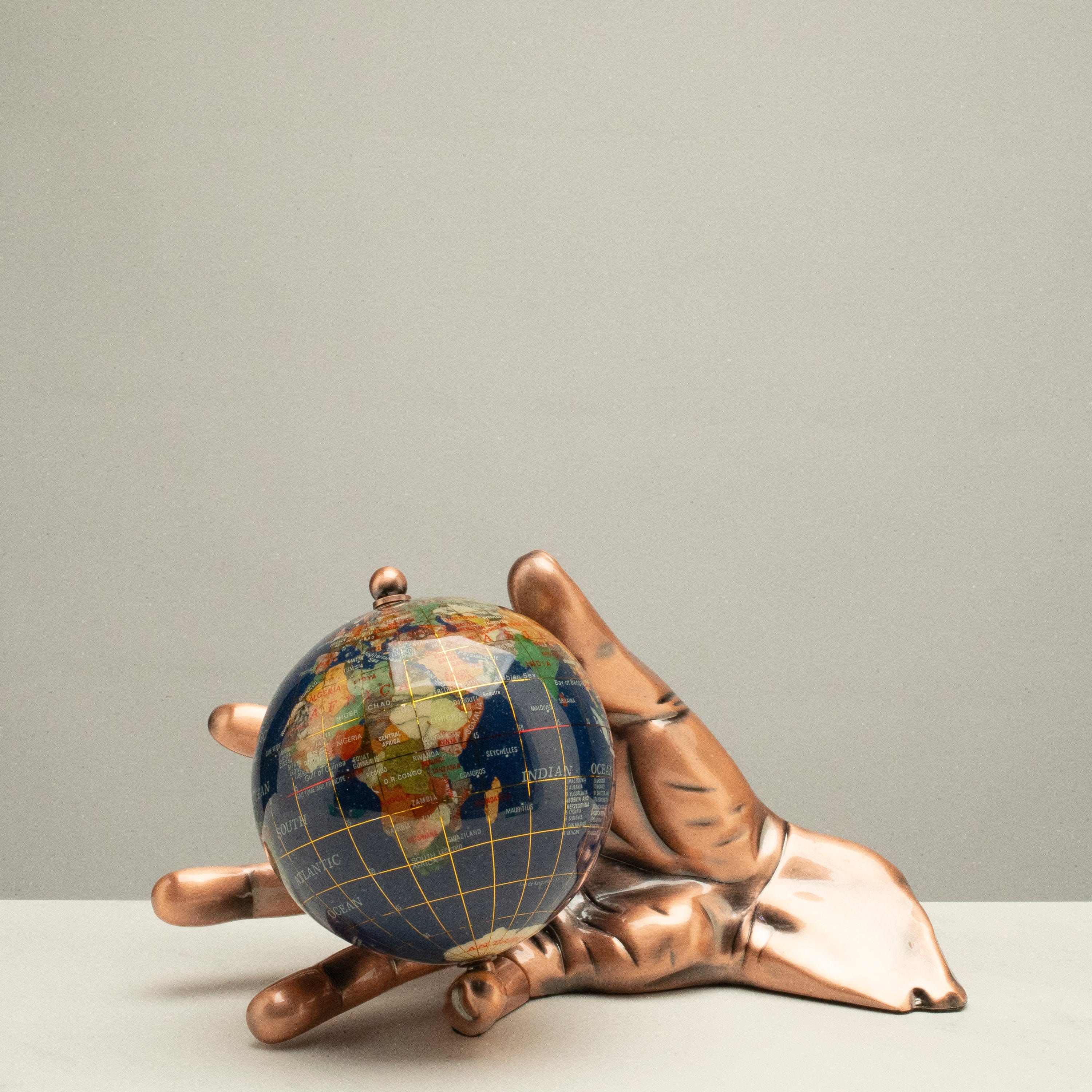 Kalifano Gemstone Globes World In Your Hand - Gemstone Globe with Lapis Ocean Embraced with Copper Base HAND-AC