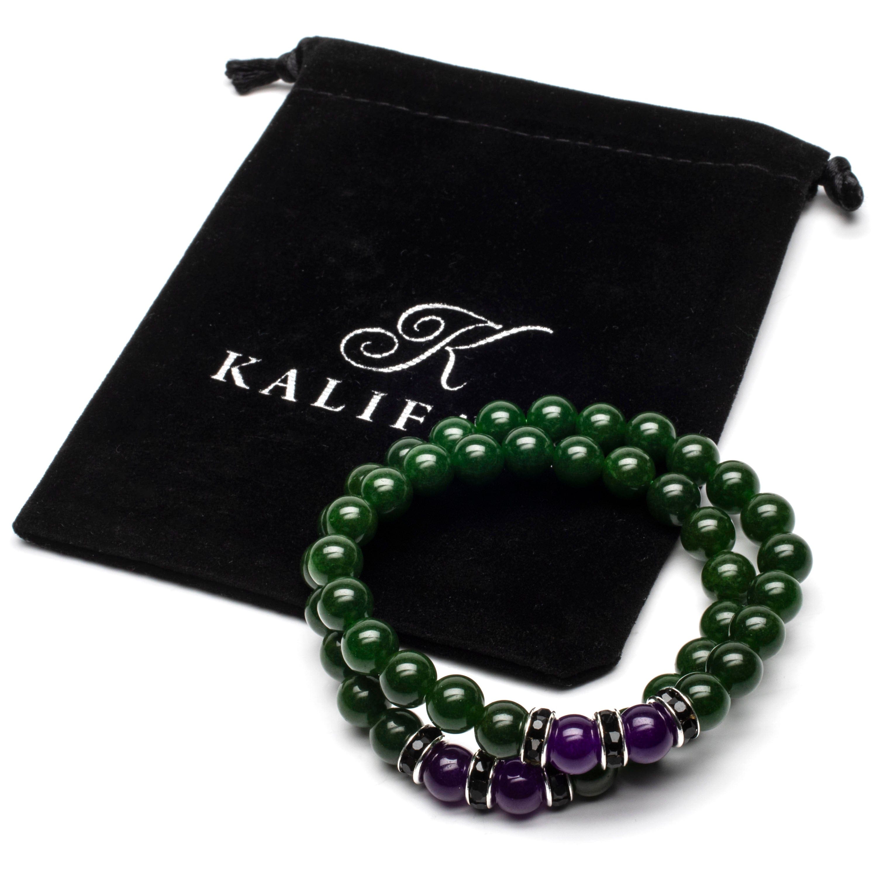 KALIFANO Gemstone Jewelry Aventurine  8mm Beads with Amethyst and Black and Silver Accent Beads Double Wrap Elastic Gemstone Bracelet WHITE-BGI2-035