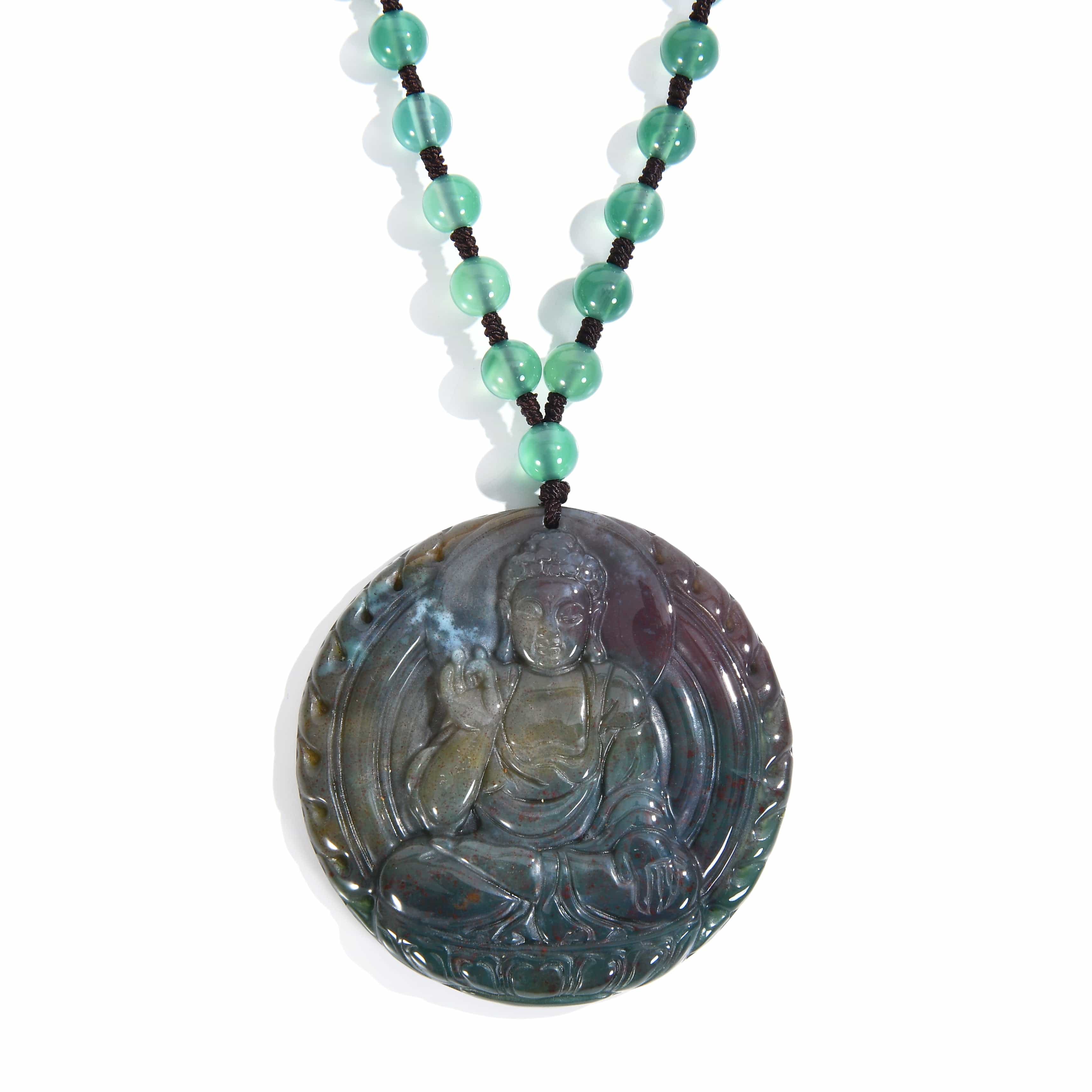 KALIFANO Gemstone Necklaces Indian Agate Budha Amulet Gemstone Necklace - 24" WHITE-BUD-IAG