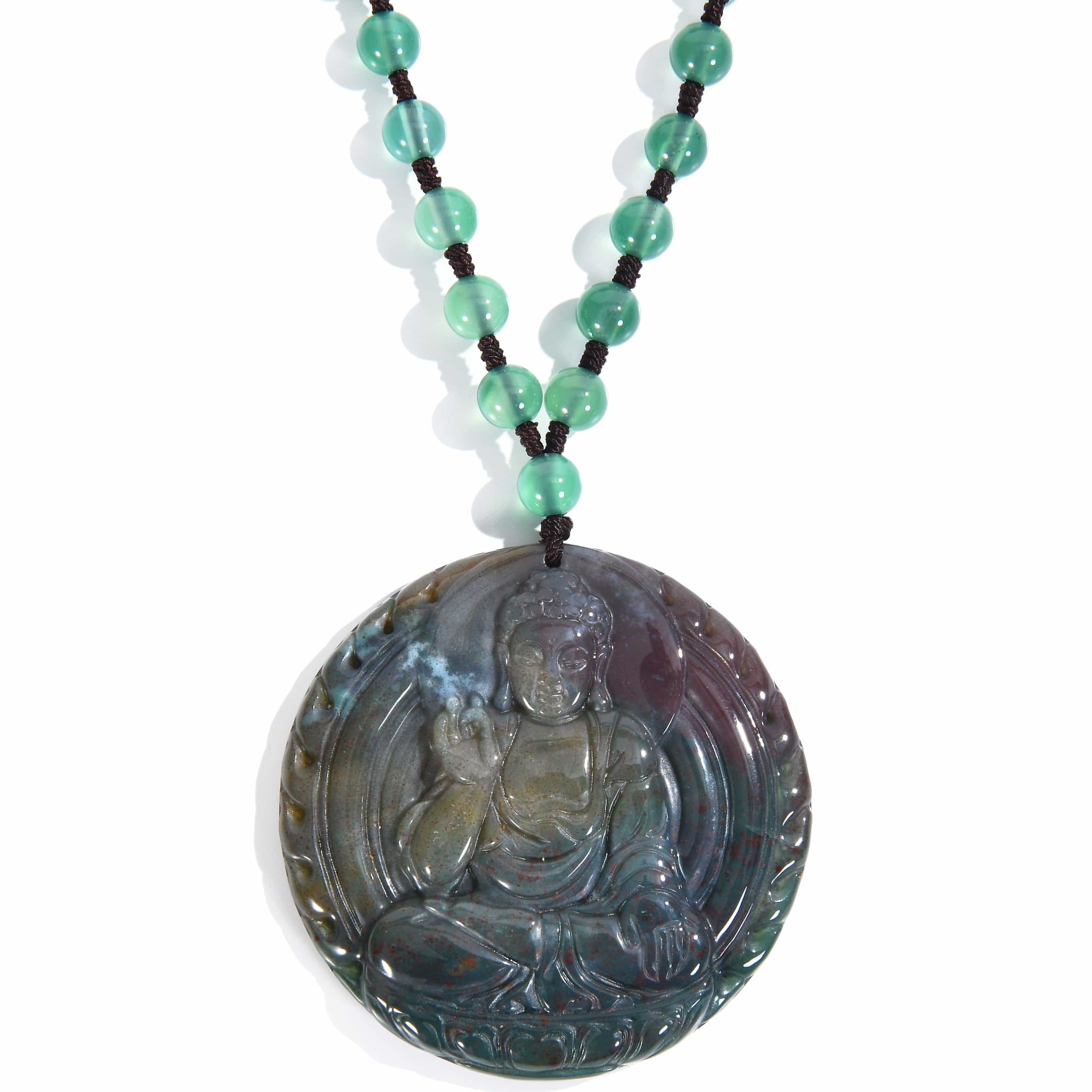 KALIFANO Gemstone Necklaces Indian Agate Budha Amulet Gemstone Necklace - 24" WHITE-BUD-IAG