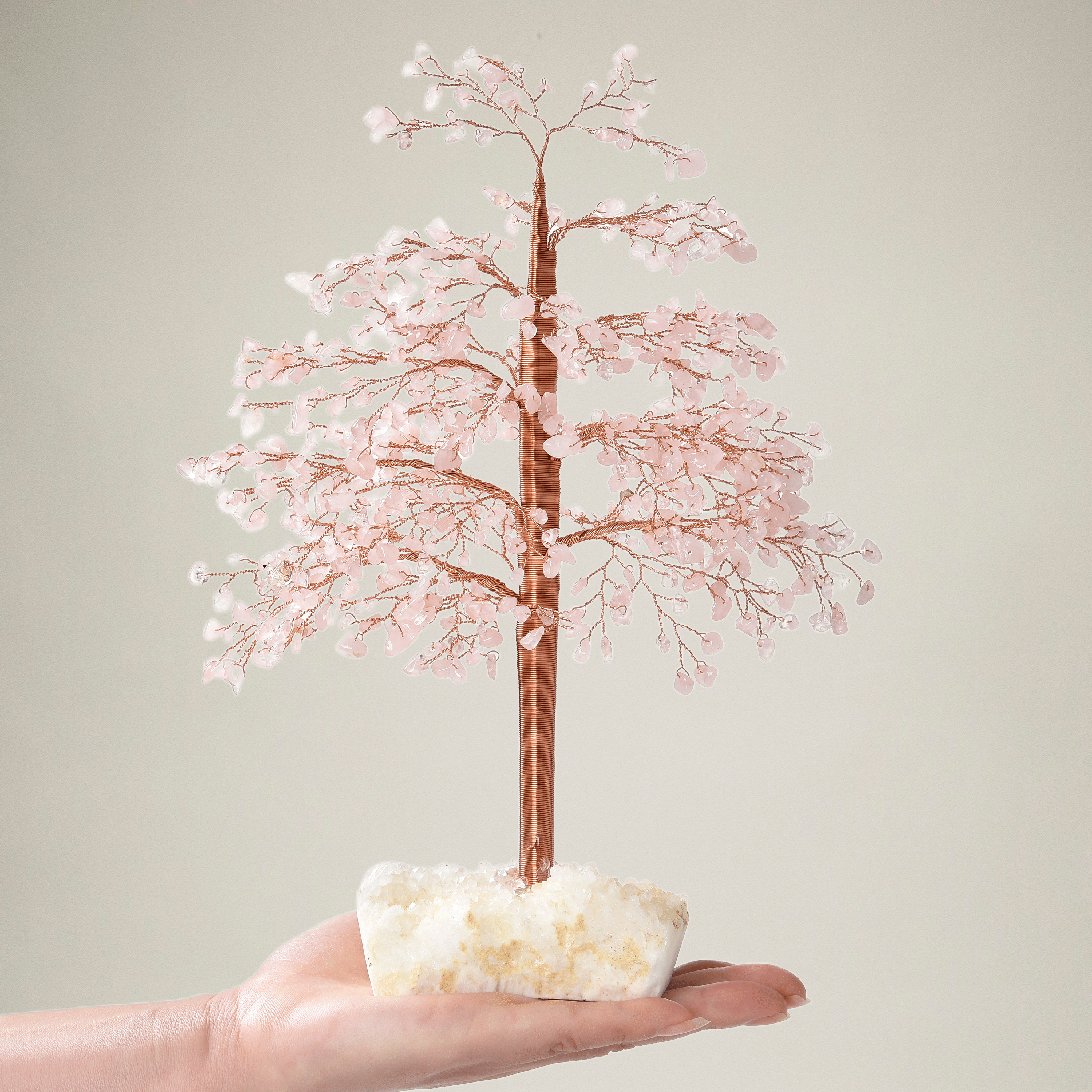 Kalifano Gemstone Trees Rose Quartz Tree of Life on Quartz Cluster Base K9270QZ-RQ