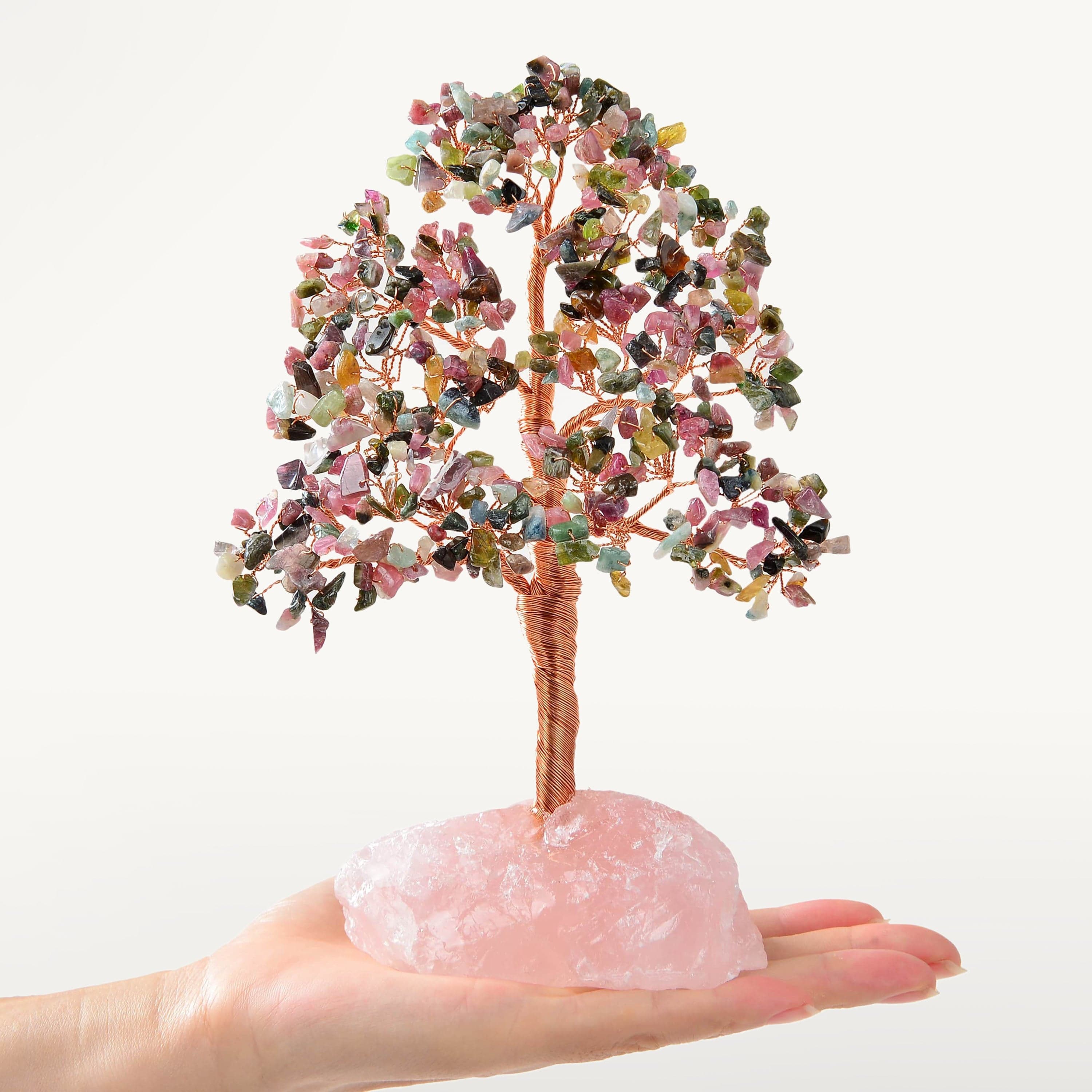 Kalifano Gemstone Trees Tourmaline Tree of Life on Rose Quartz Base with 414 Natural Gemstones K980R-TR