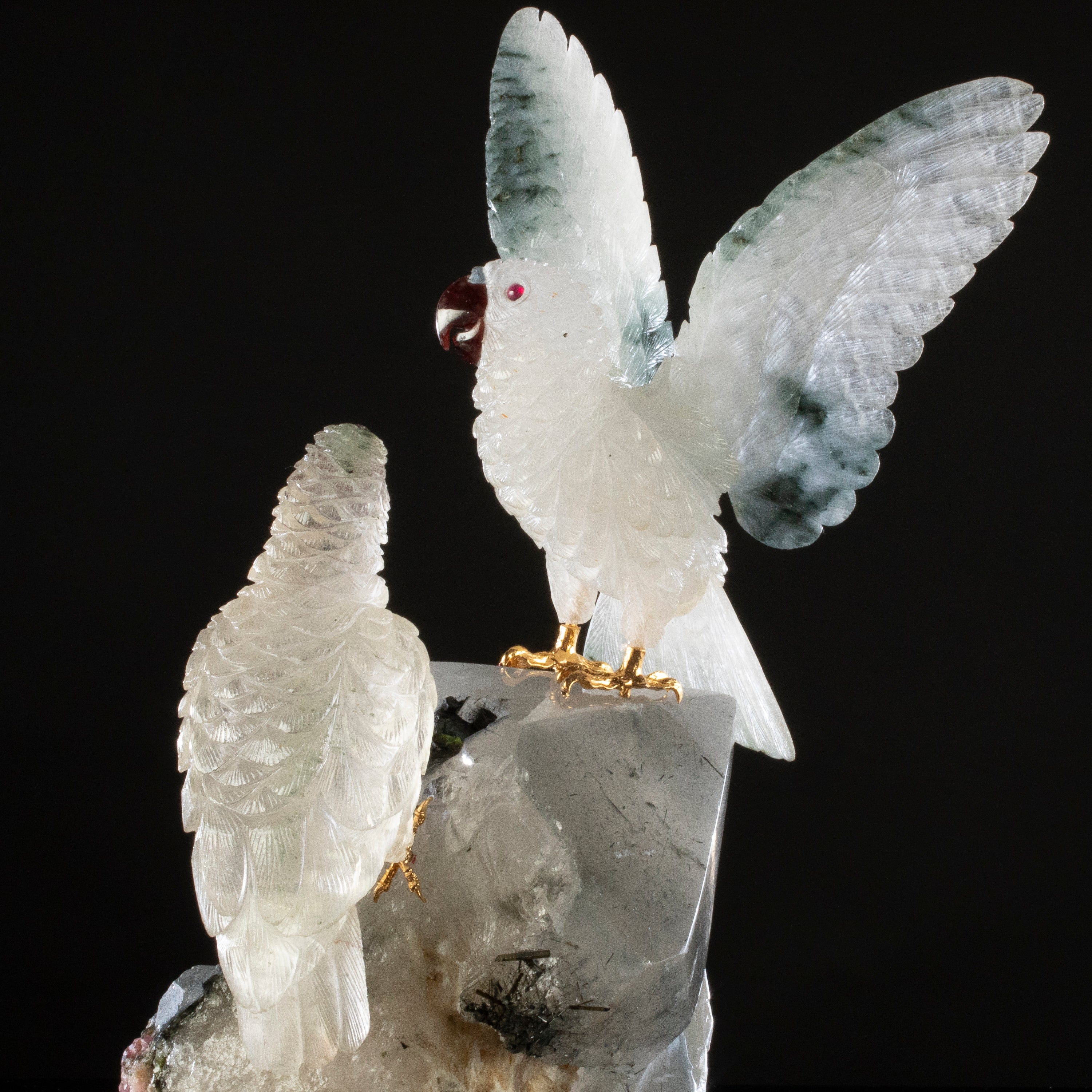 Kalifano Love Birds Carvings Actionlite Parrot Couple Love Birds Carving on Smoky Quartz & Tourmaline Base LB.11280.001