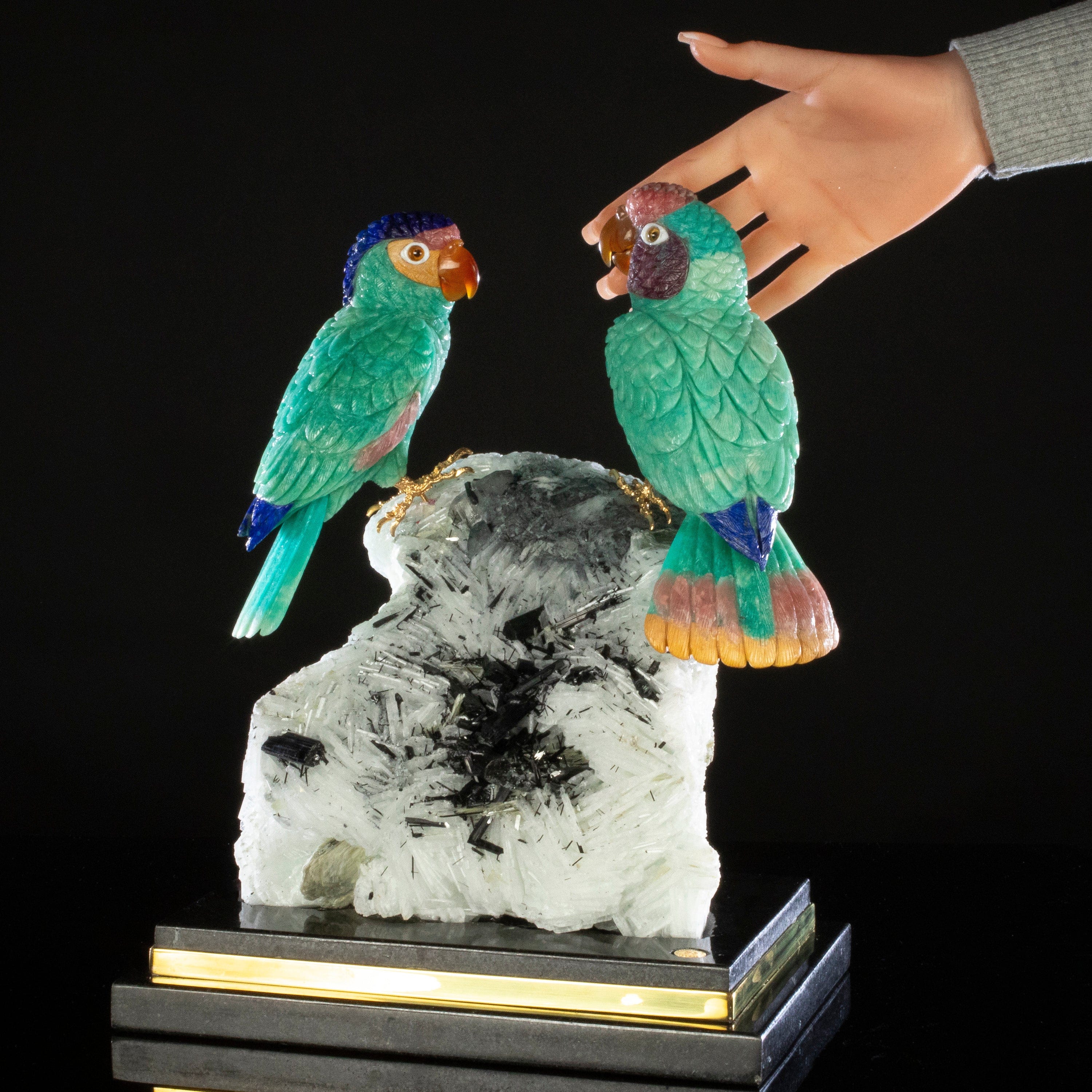 Kalifano Love Birds Carvings Amazonite, Lapis Lazuli, Rhodochrosite, & Mokaite Blue Fronted Amazon Parrot Couple Love Birds Carving on Albite & Tourmaline & Marble Base LB.12360.001