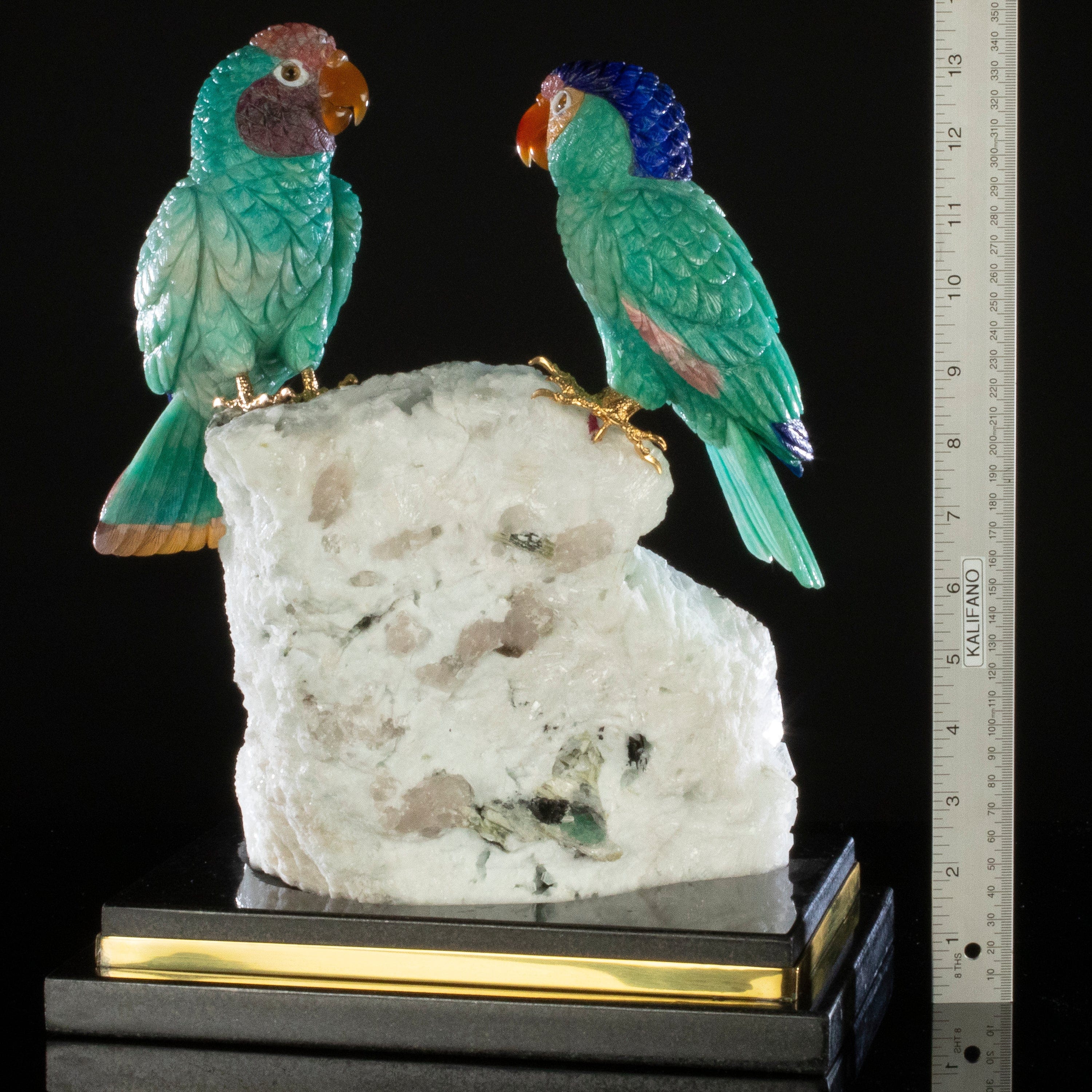 Kalifano Love Birds Carvings Amazonite, Lapis Lazuli, Rhodochrosite, & Mokaite Blue Fronted Amazon Parrot Couple Love Birds Carving on Albite & Tourmaline & Marble Base LB.12360.001