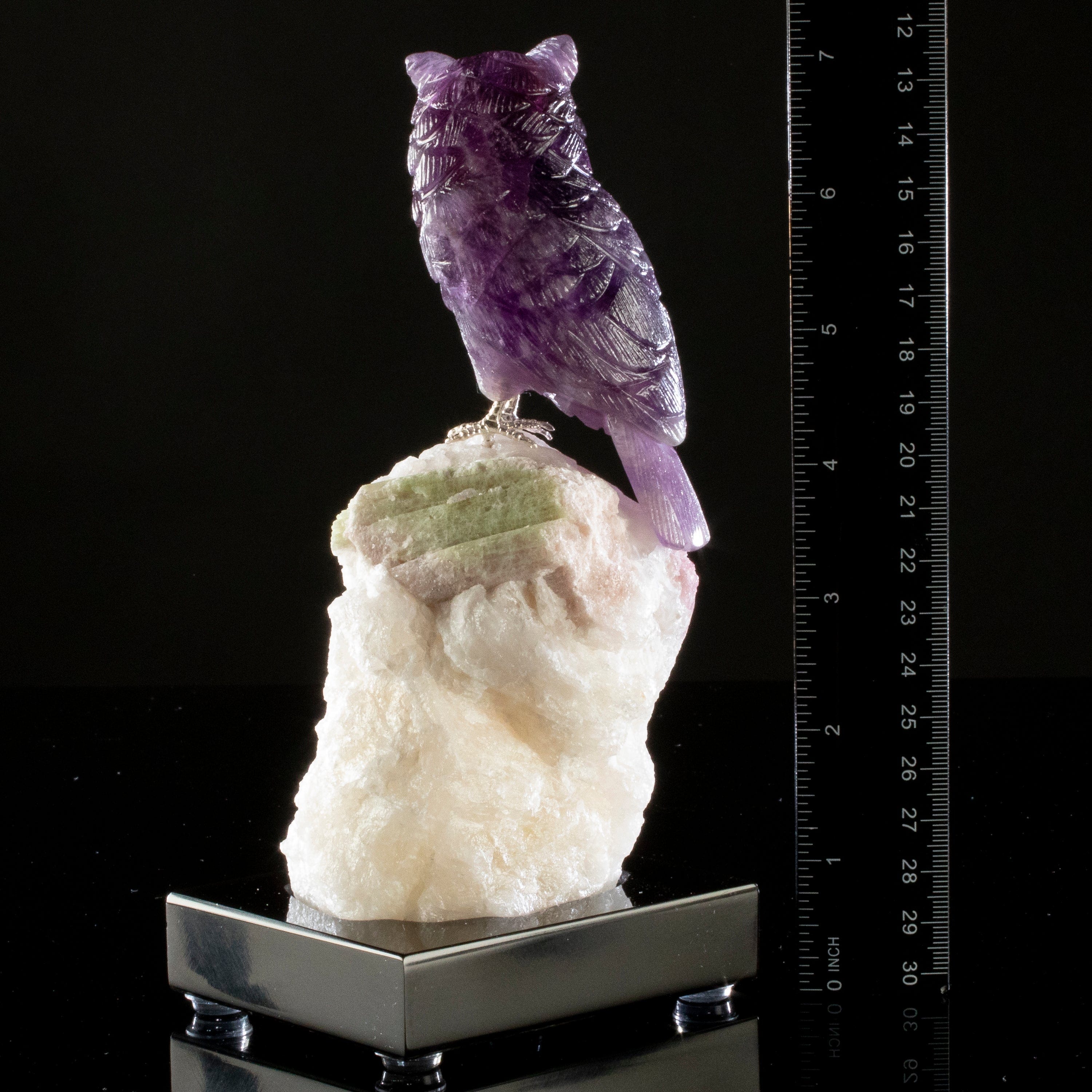 Kalifano Love Birds Carvings Amethyst Owl Love Bird Carving on Tourmaline Base LB.A129.008