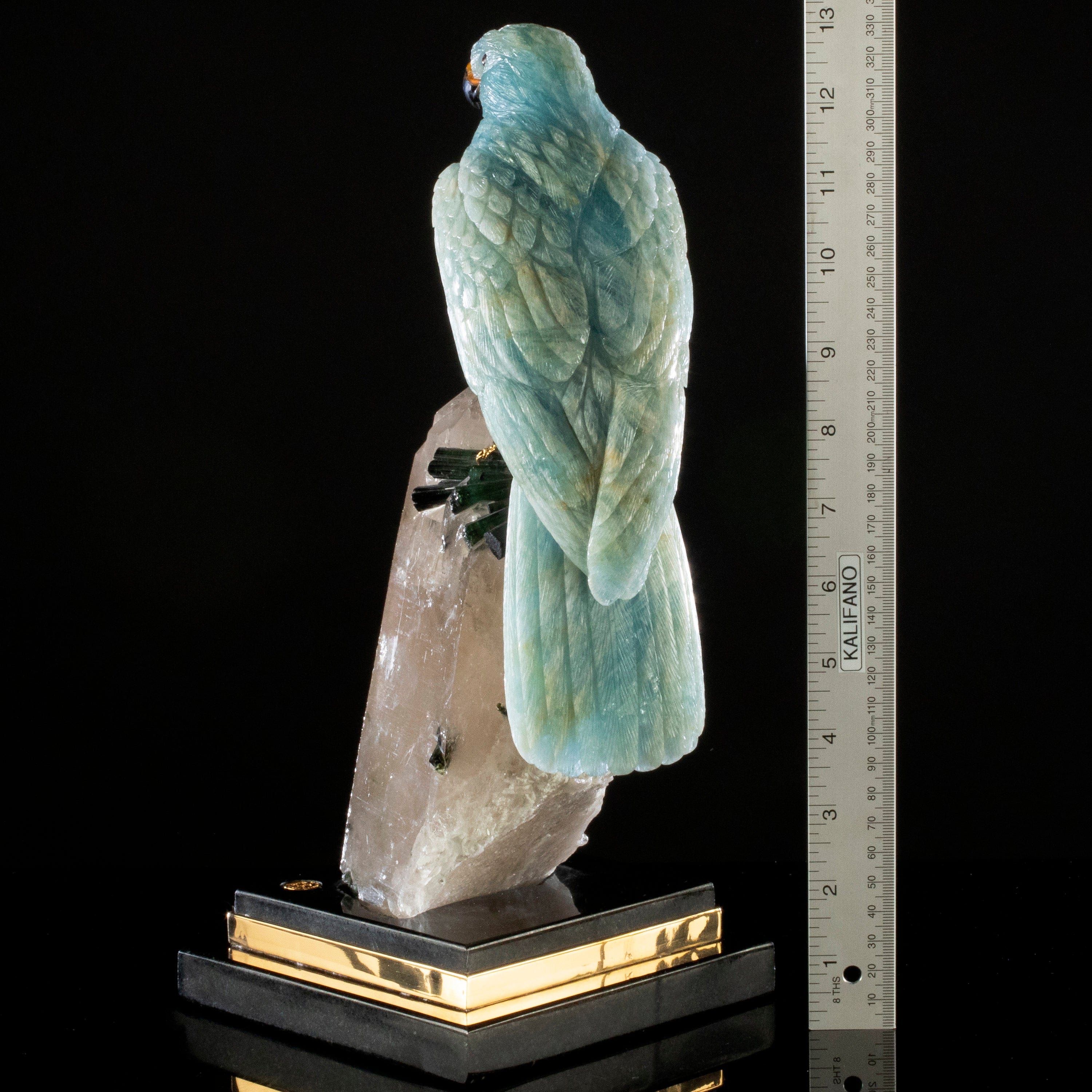 Kalifano Love Birds Carvings Aquamarine Falcon Love Birds Carving on Quartz and Tourmaline Base LB.12347.001