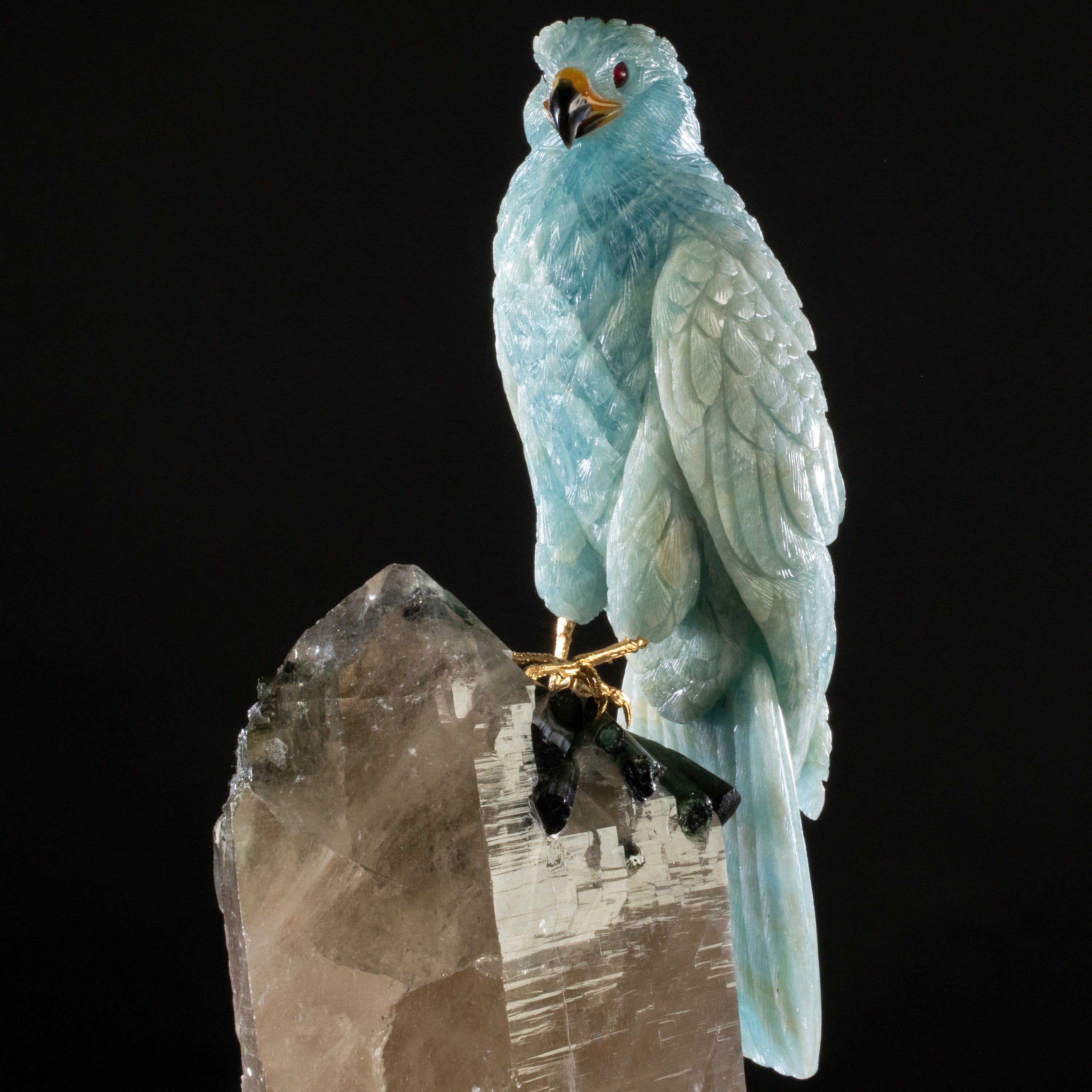 Kalifano Love Birds Carvings Aquamarine Falcon Love Birds Carving on Quartz and Tourmaline Base LB.12347.001