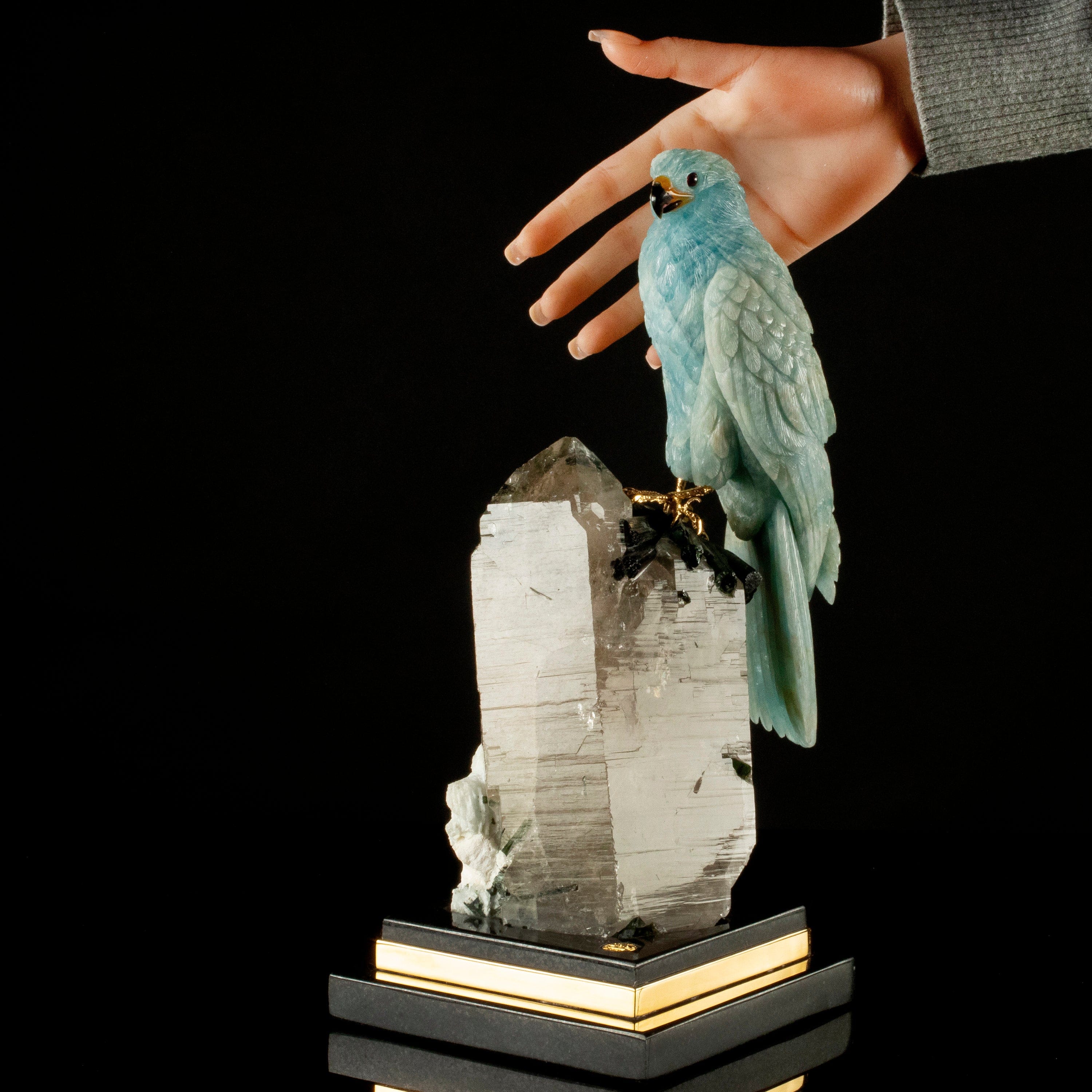 Kalifano Love Birds Carvings Aquamarine Falcon Love Birds Carving on Quartz and Tourmaline Base LB.12347.001