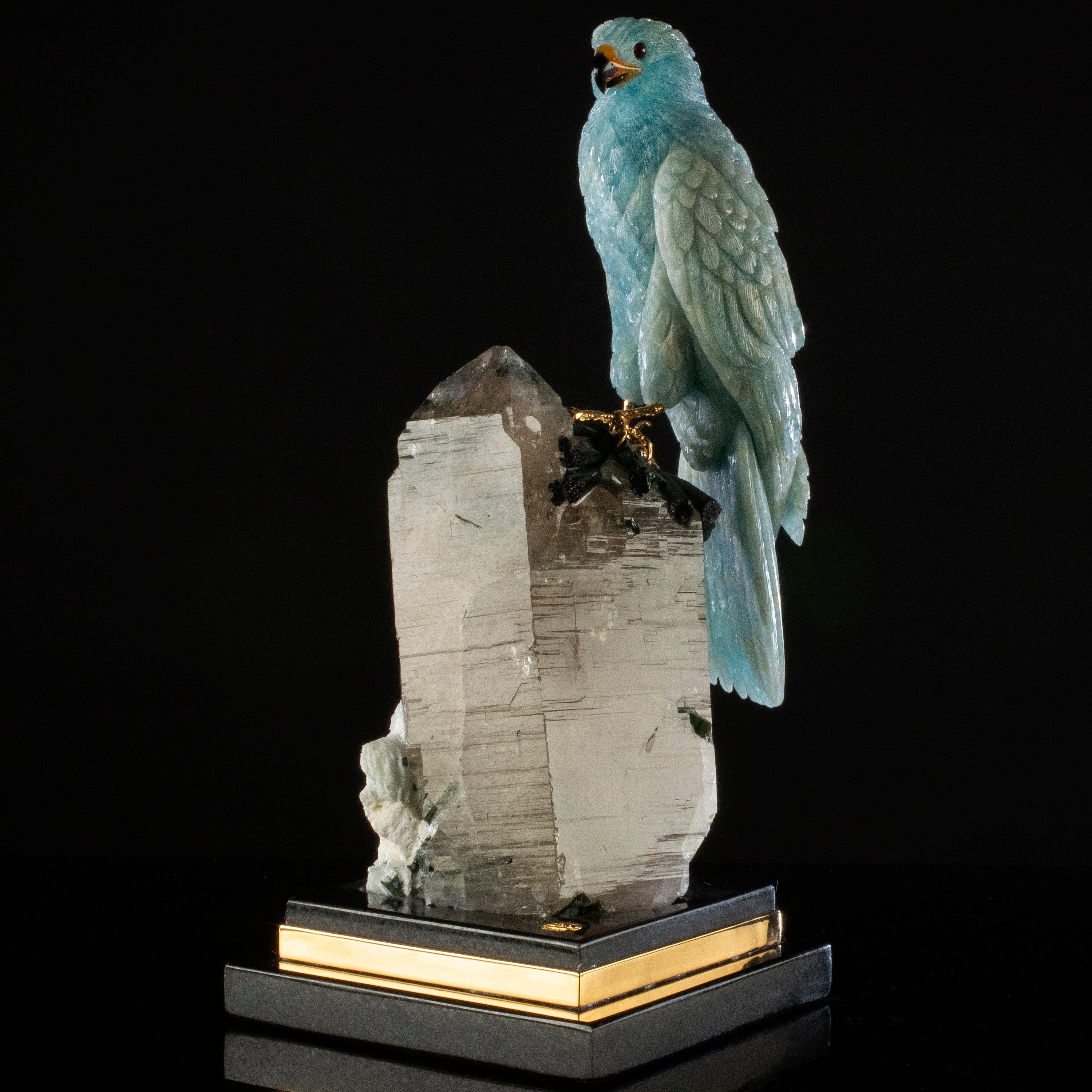 Kalifano Love Birds Carvings Aquamarine Falcon Love Birds Carving on Quartz and Tourmaline Base LB.12347.001