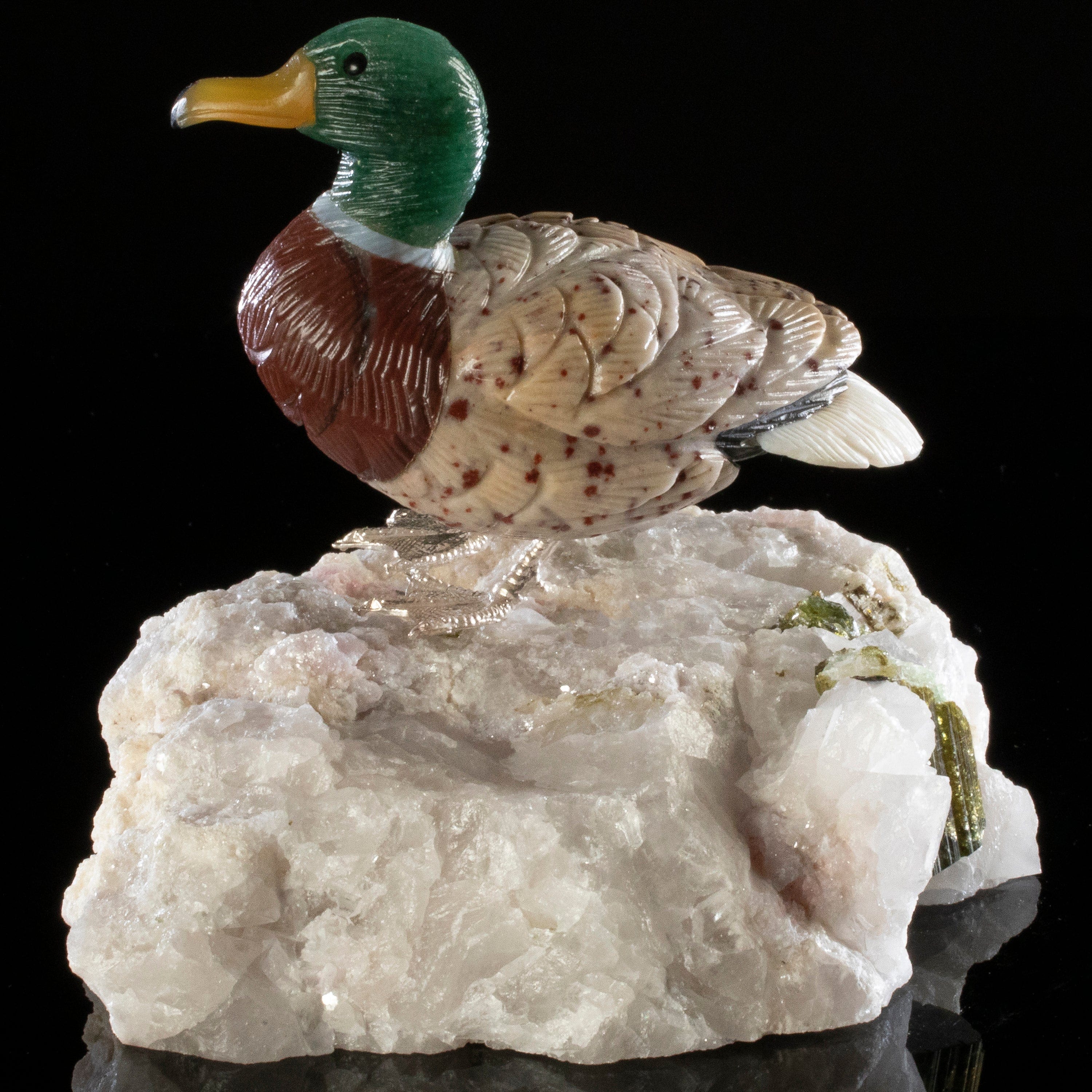 Kalifano Love Birds Carvings Aventurine & Tiger Eye & Leopardskin Duck Love Bird Carving on Watermelon Tourmaline Base LB.D107.002