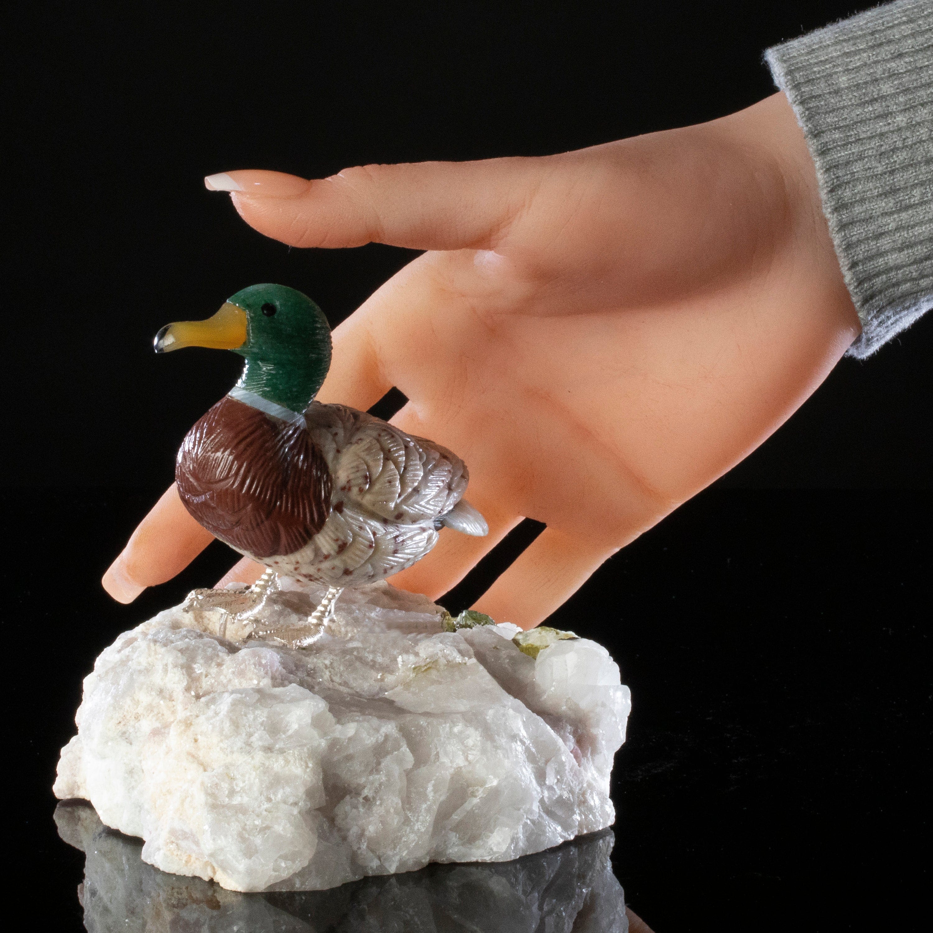 Kalifano Love Birds Carvings Aventurine & Tiger Eye & Leopardskin Duck Love Bird Carving on Watermelon Tourmaline Base LB.D107.002