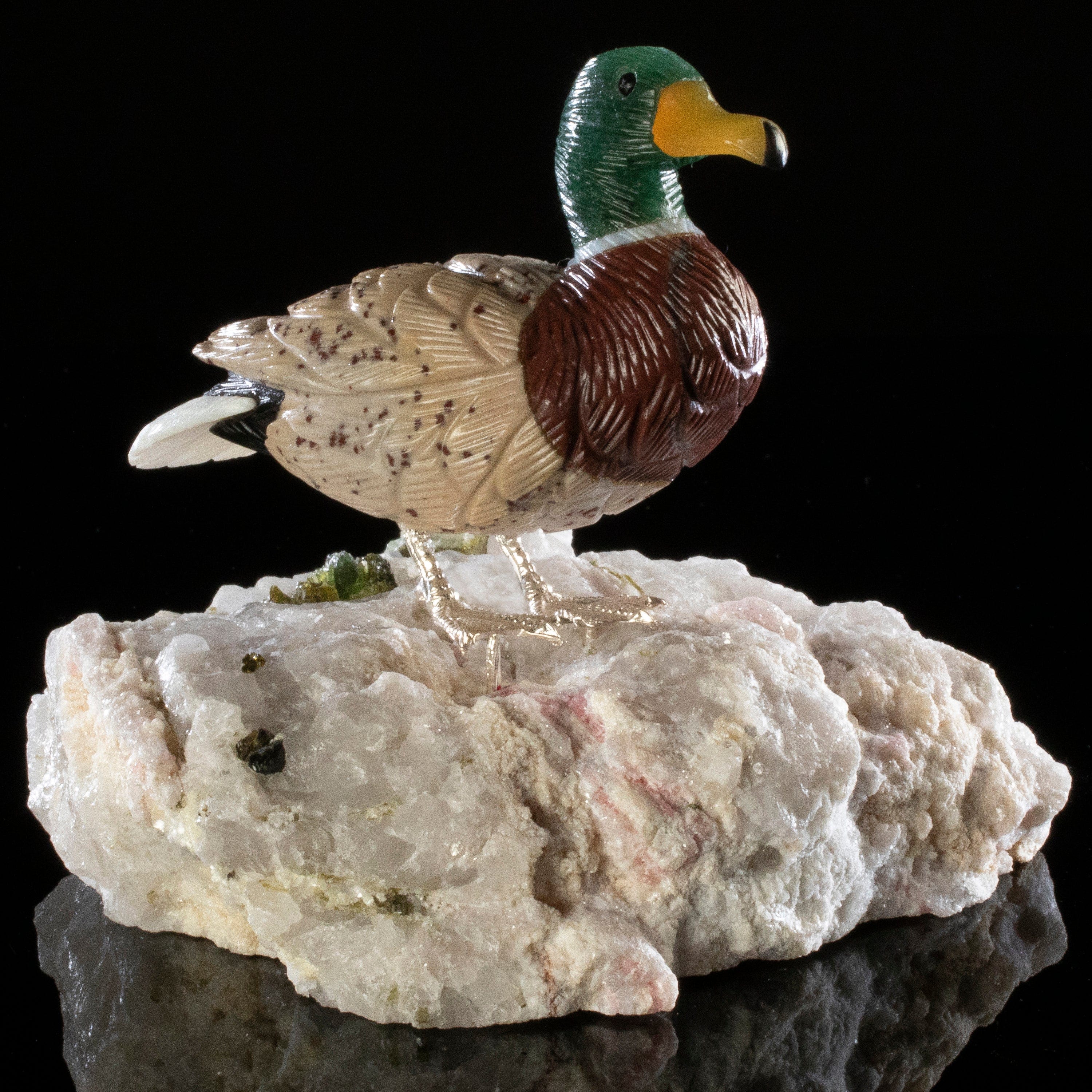 Kalifano Love Birds Carvings Aventurine & Tiger Eye & Leopardskin Duck Love Bird Carving on Watermelon Tourmaline Base LB.D107.002