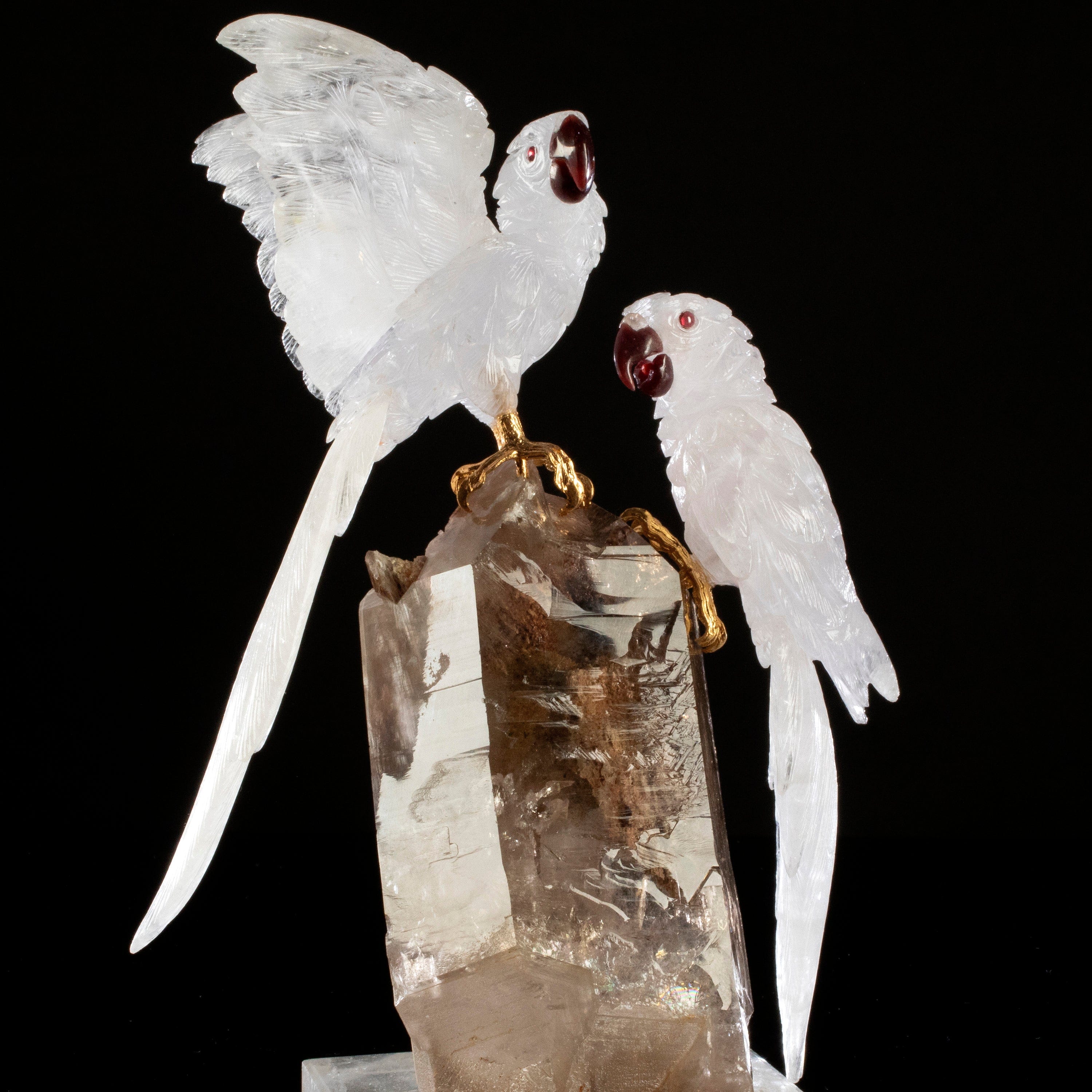 Kalifano Love Birds Carvings Blue Quartz Macaw Couple Love Birds Carving on Phantom Quartz Base LB.11247.001