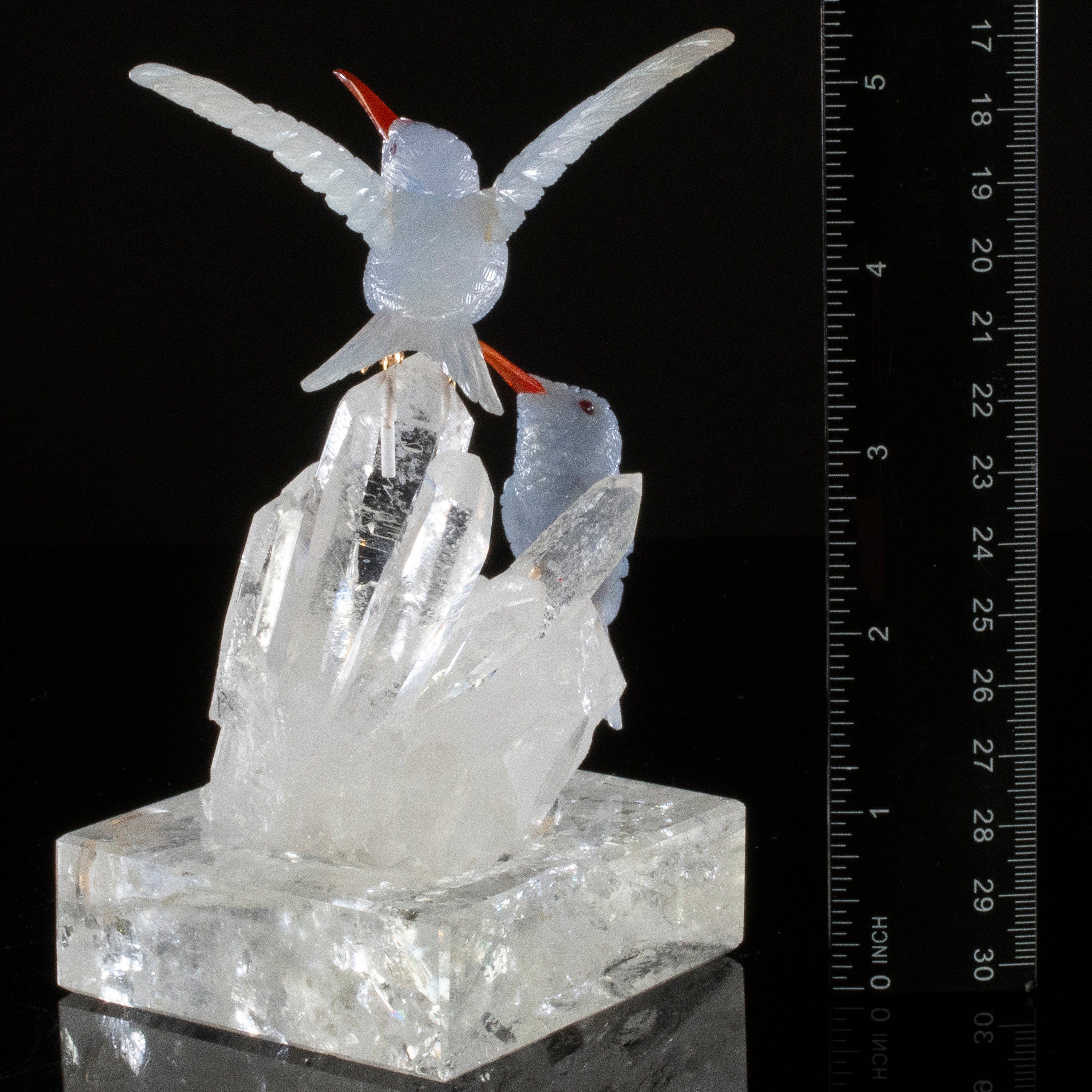 Kalifano Love Birds Carvings Chalcedony Hummingbird Couple Love Bird Carving on Clear Quartz Point Cluster LB.12368.001