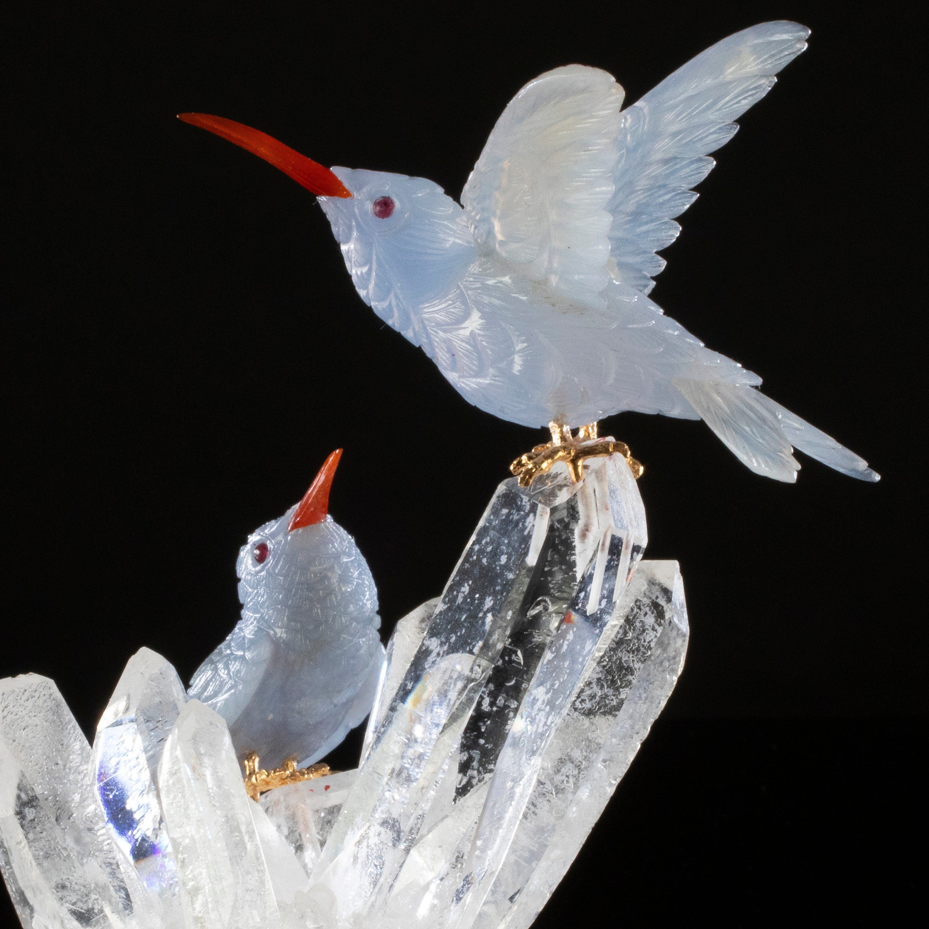 Kalifano Love Birds Carvings Chalcedony Hummingbird Couple Love Bird Carving on Clear Quartz Point Cluster LB.12368.001