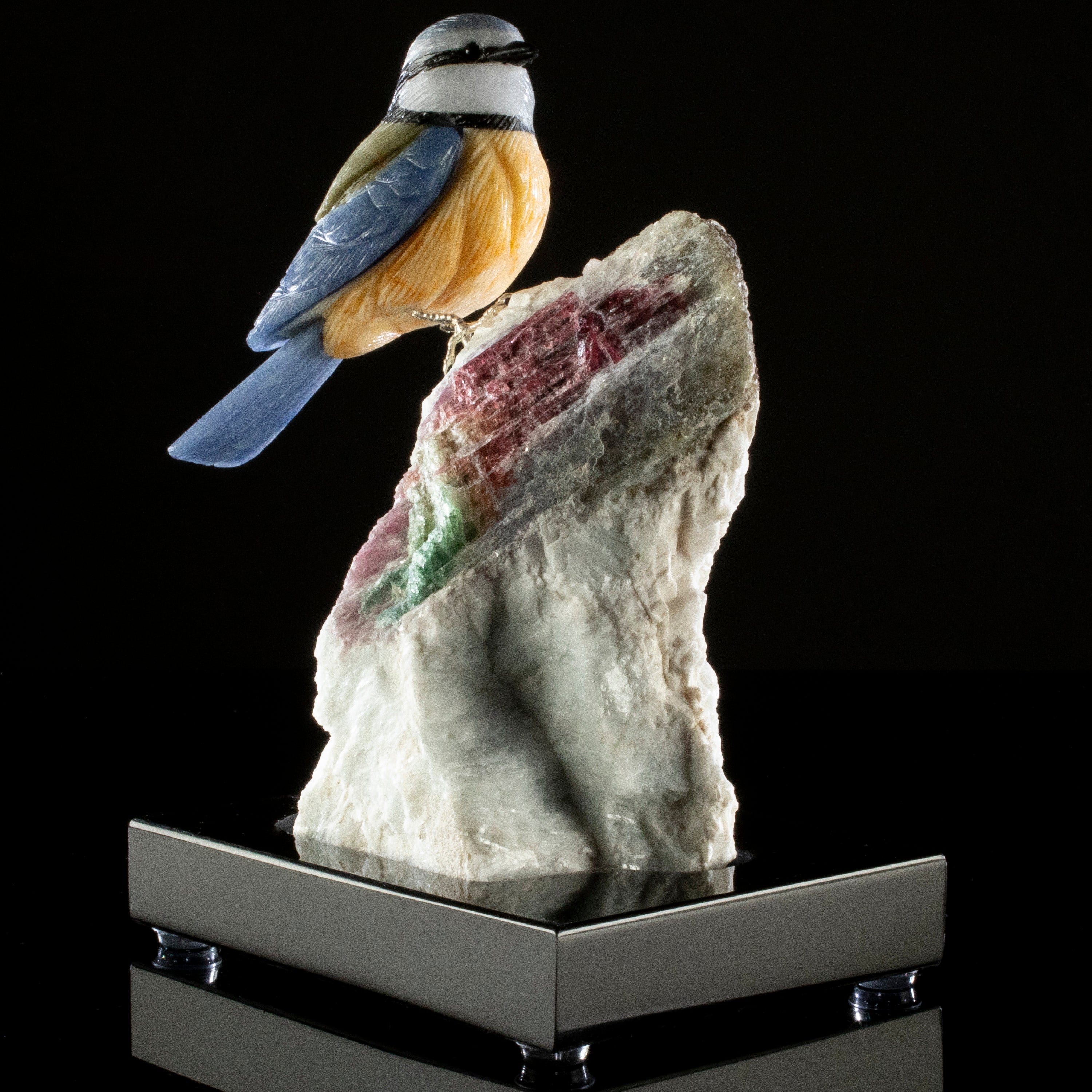 Kalifano Love Birds Carvings Dumortuorite Blue Tit Love Bird Carving on Watermelon Tourmaline Base LB.A150.005