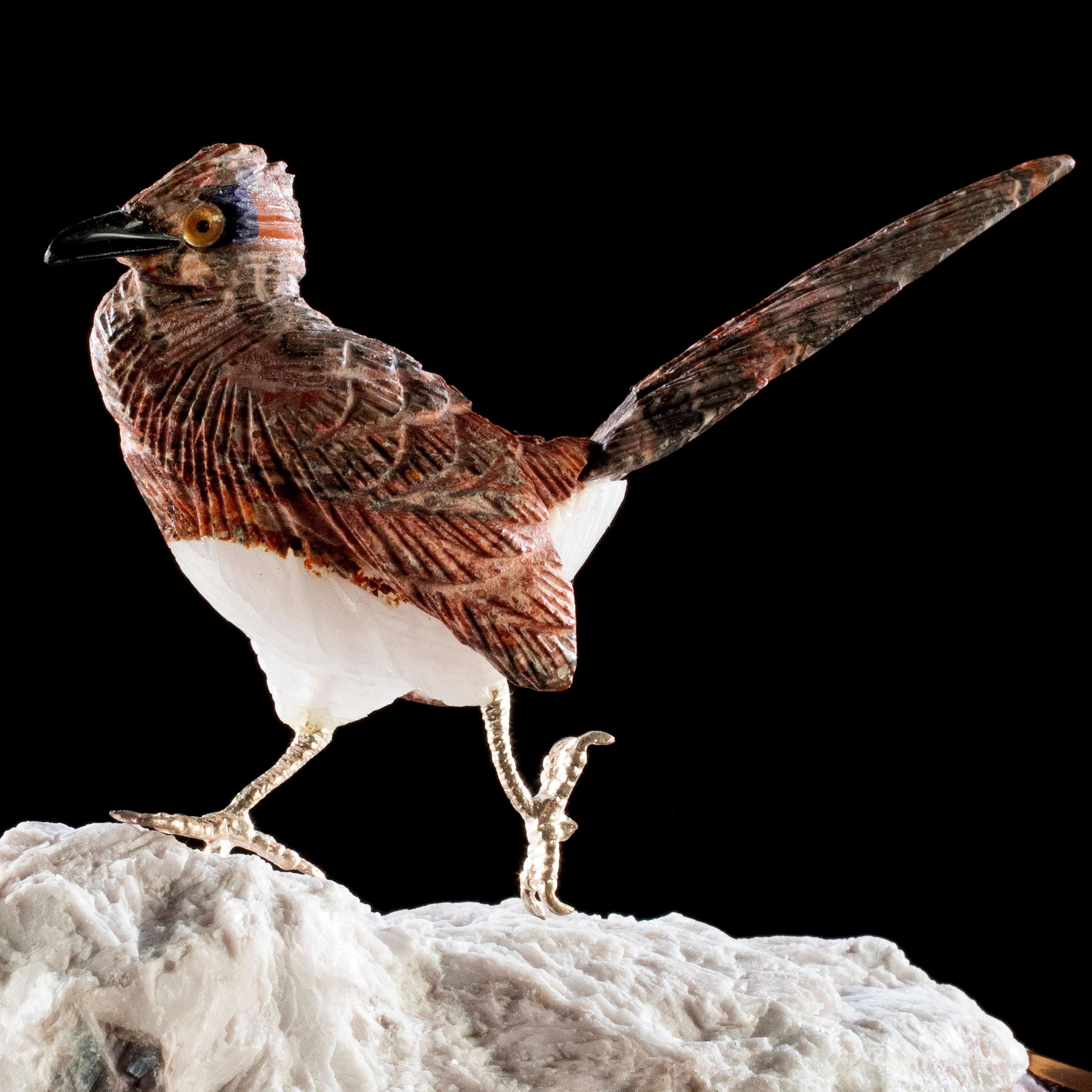 Kalifano Love Birds Carvings Leopardskin Jasper Roadrunner Love Birds Carving on Calcite & Tourmaline Base LB.A137.003