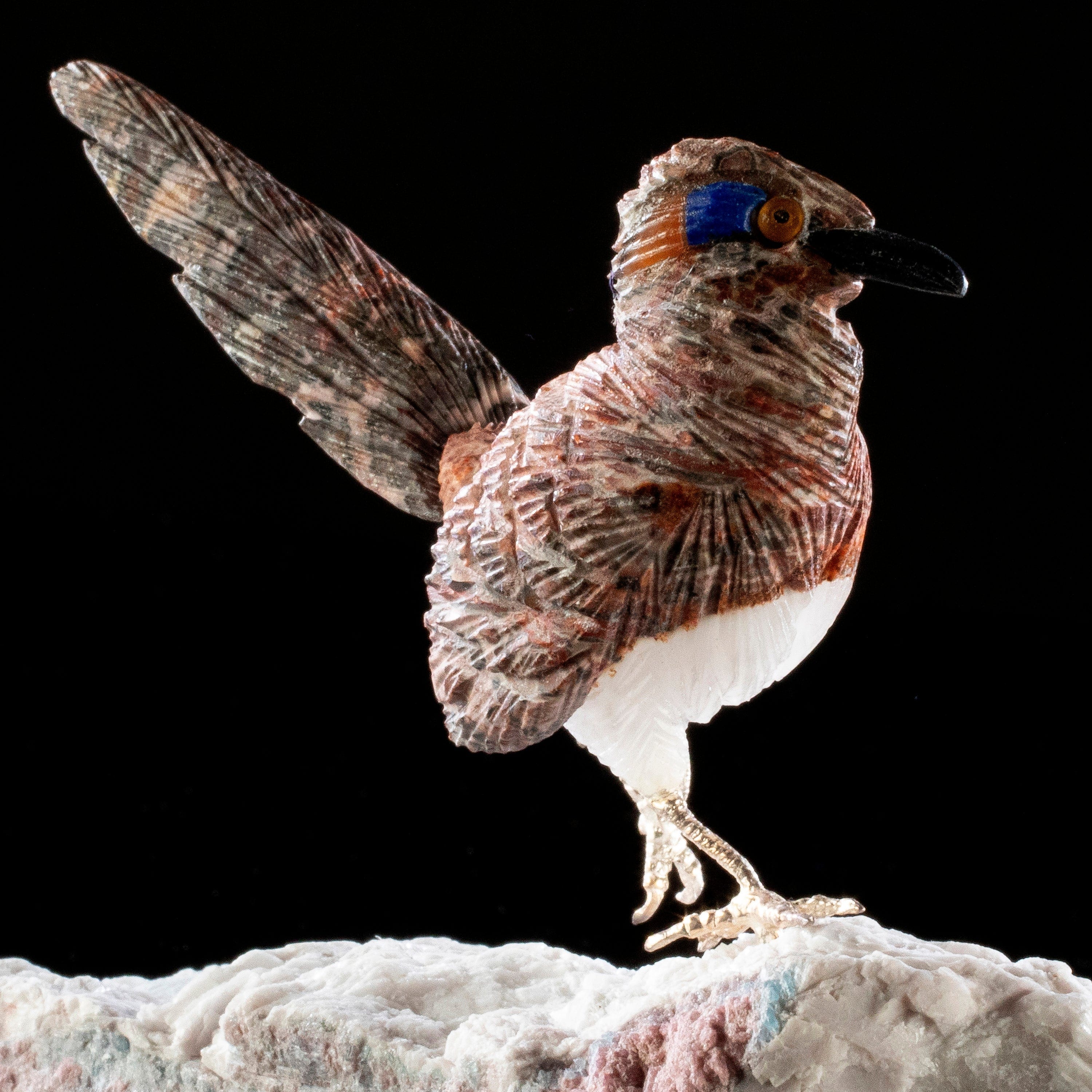 Kalifano Love Birds Carvings Leopardskin Jasper Roadrunner Love Birds Carving on Calcite & Tourmaline Base LB.A137.003