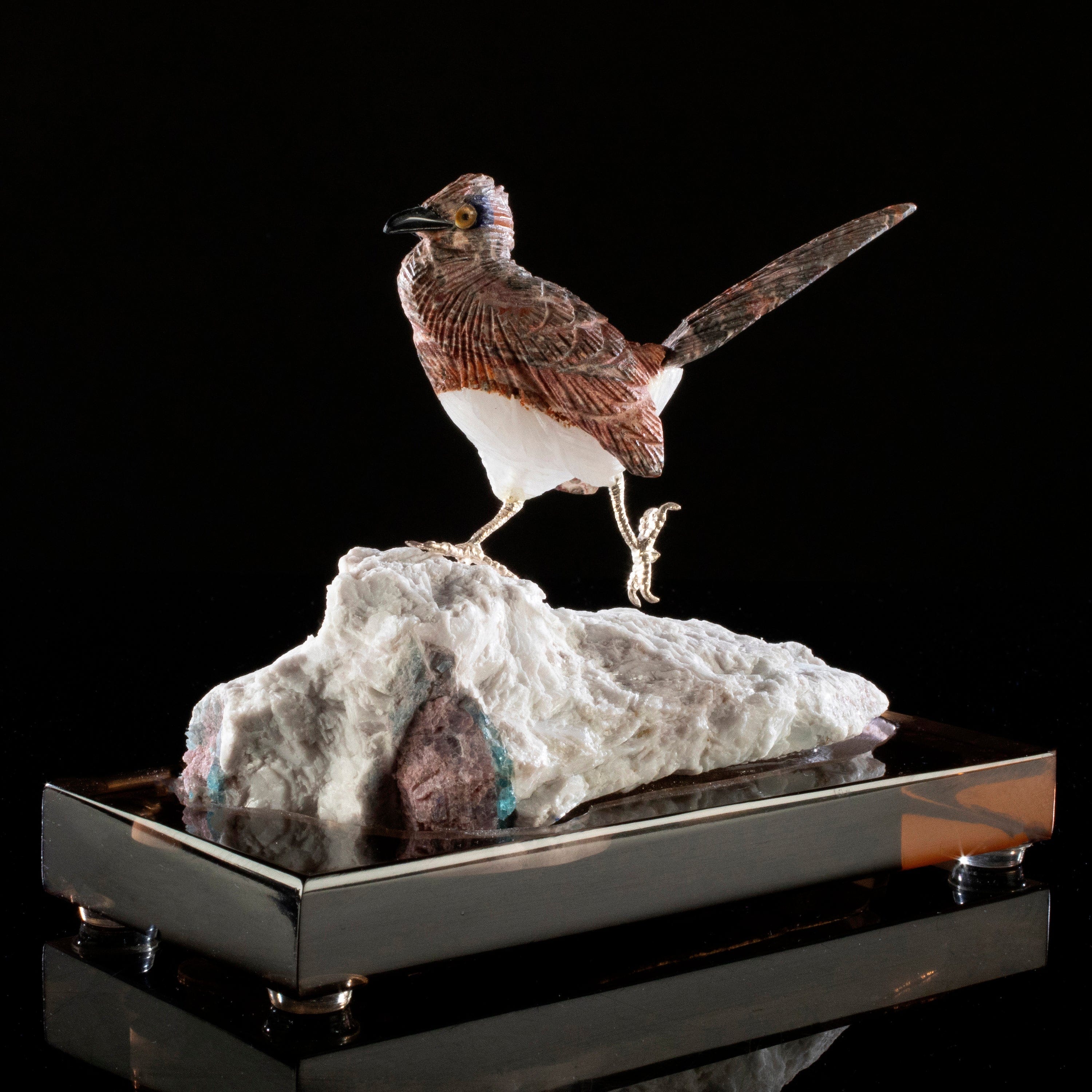 Kalifano Love Birds Carvings Leopardskin Jasper Roadrunner Love Birds Carving on Calcite & Tourmaline Base LB.A137.003