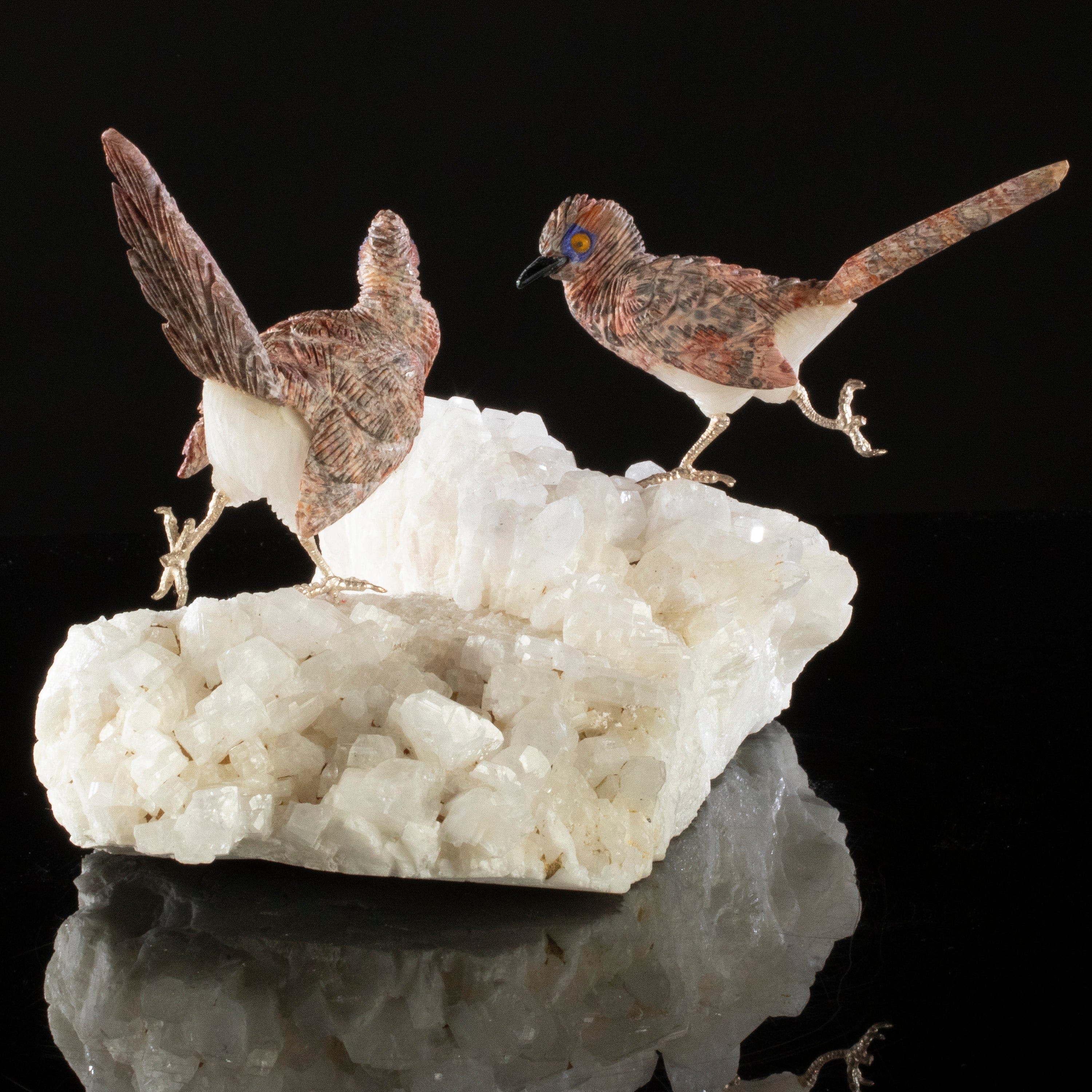 Kalifano Love Birds Carvings Leopardskin Jasper Roadrunner Love Birds Carving on Quartz Base LB.A237.002