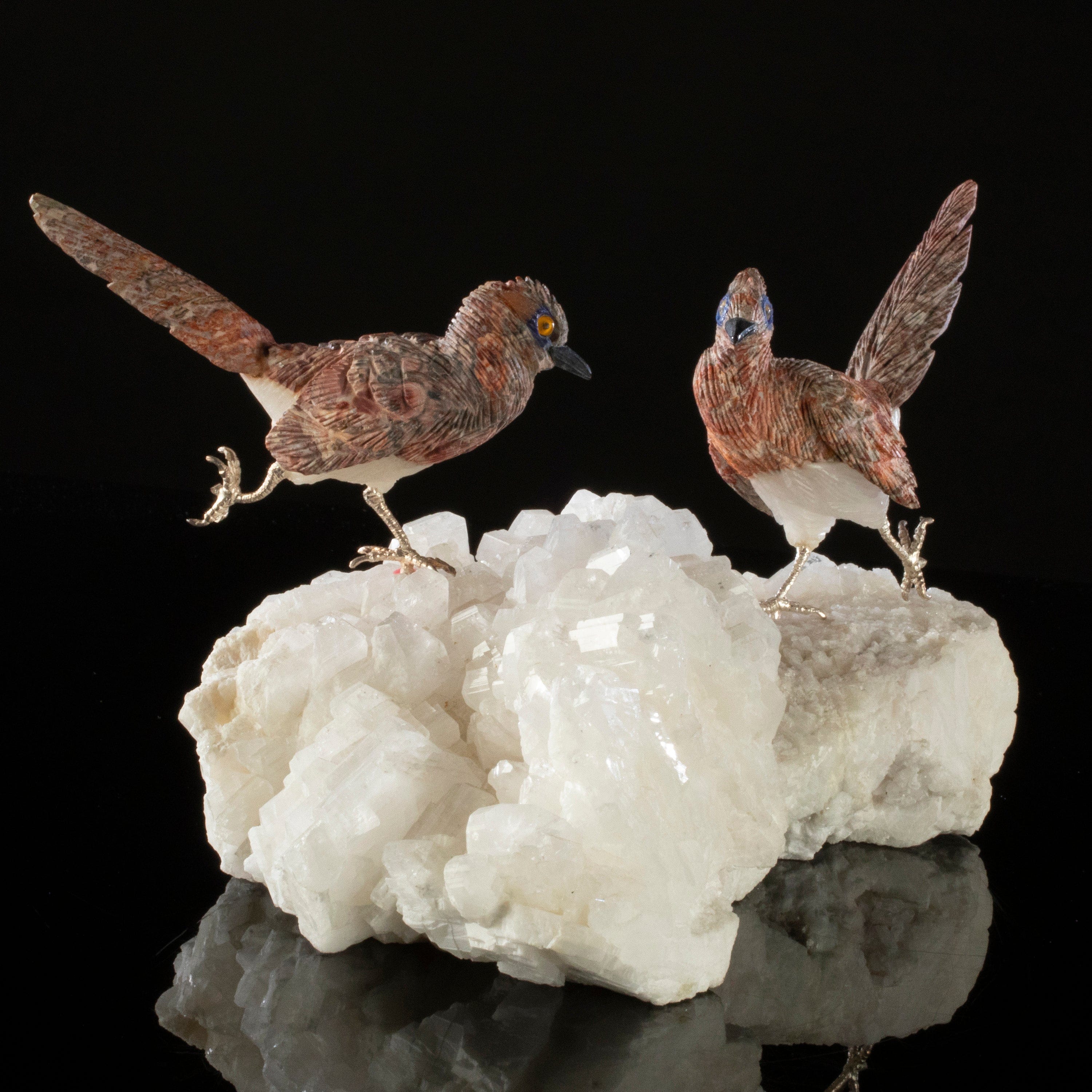 Kalifano Love Birds Carvings Leopardskin Jasper Roadrunner Love Birds Carving on Quartz Base LB.A237.002