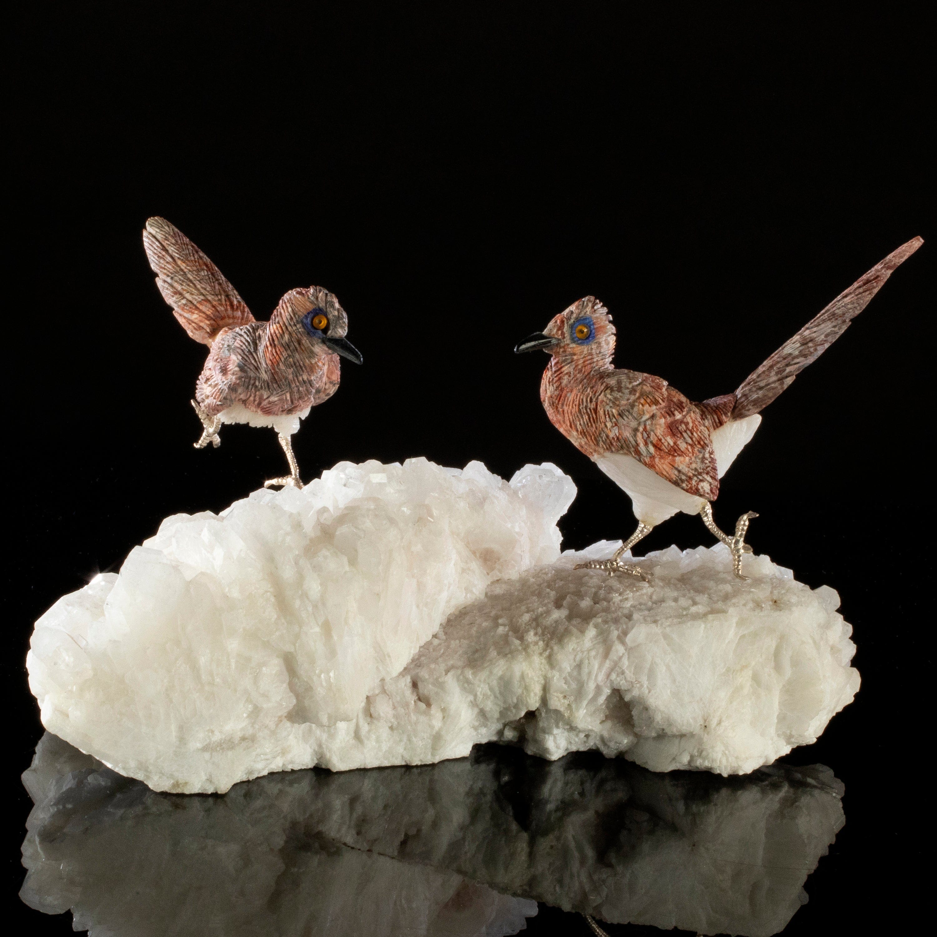 Kalifano Love Birds Carvings Leopardskin Jasper Roadrunner Love Birds Carving on Quartz Base LB.A237.002